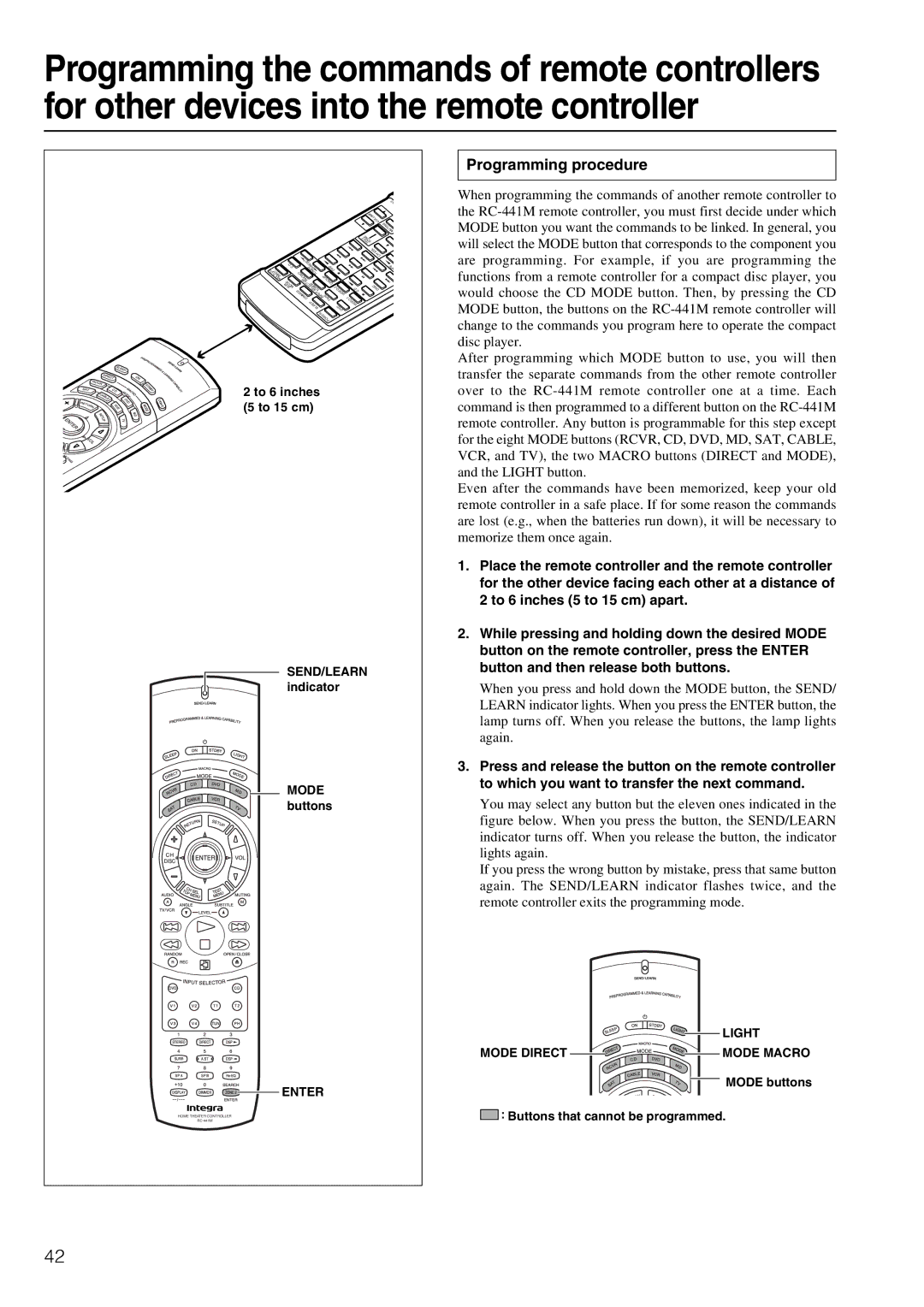 Integra DTR-5.2 appendix Programming procedure, Send/Learn, Light, Mode Direct Mode Macro 