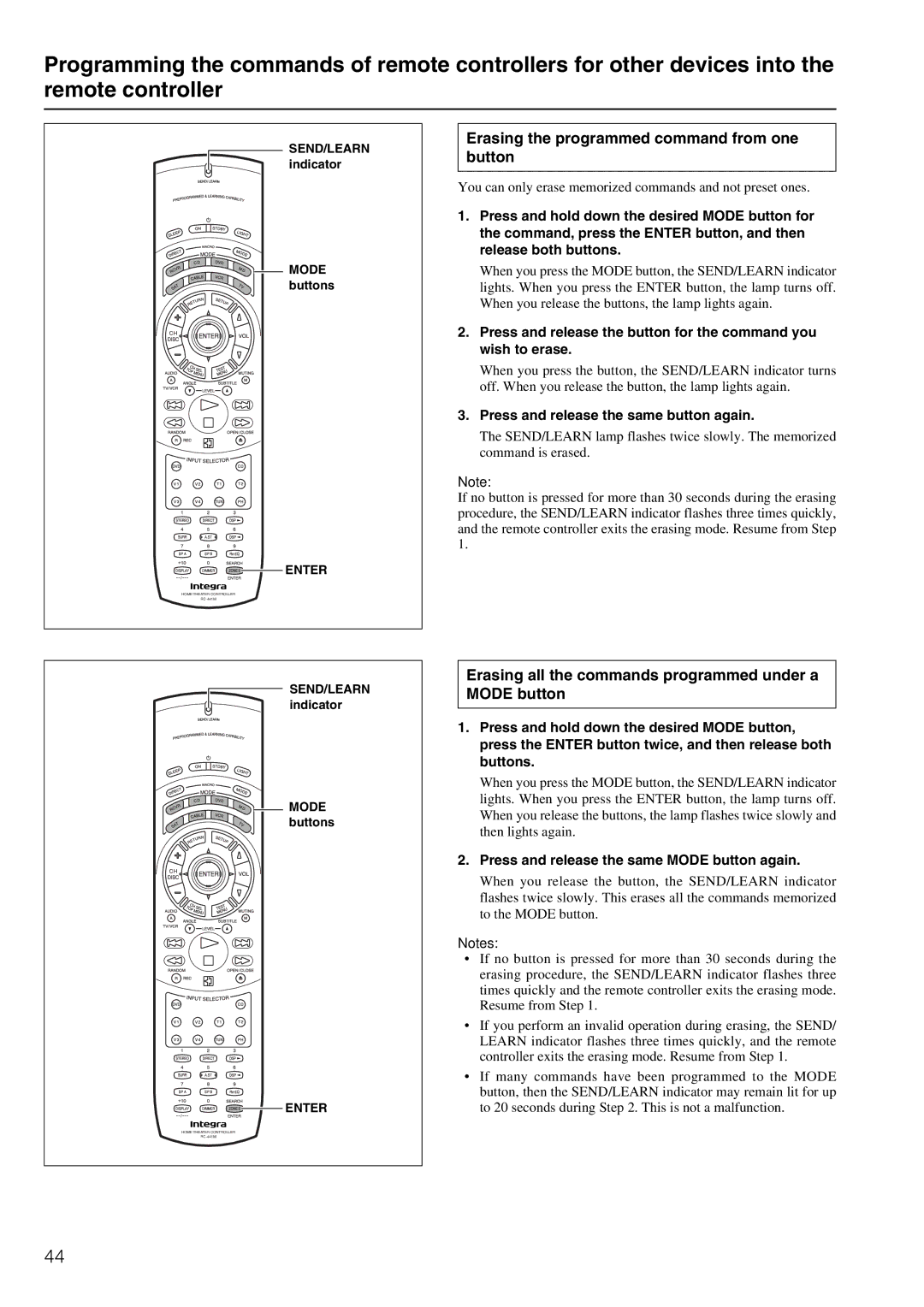 Integra DTR-5.2 Erasing the programmed command from one button, Erasing all the commands programmed under a Mode button 