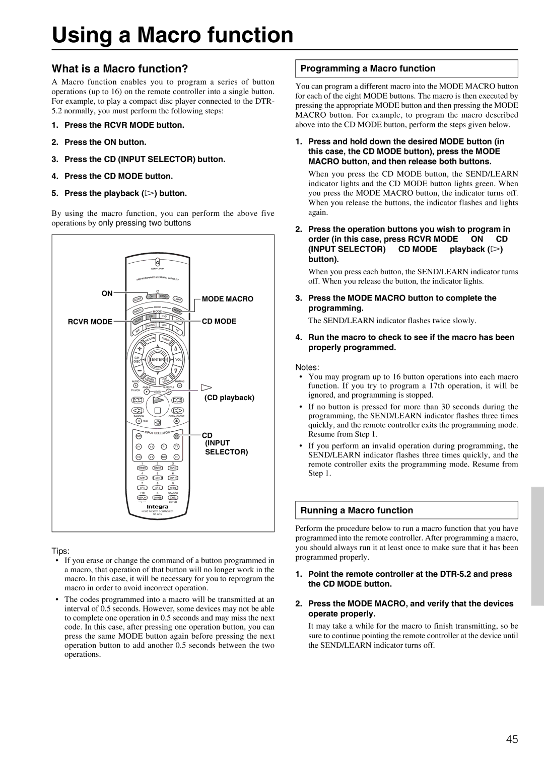 Integra DTR-5.2 appendix Using a Macro function, Programming a Macro function, Running a Macro function, Tips 