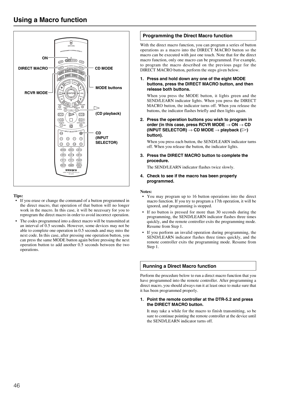 Integra DTR-5.2 appendix Using a Macro function, Programming the Direct Macro function, Running a Direct Macro function 