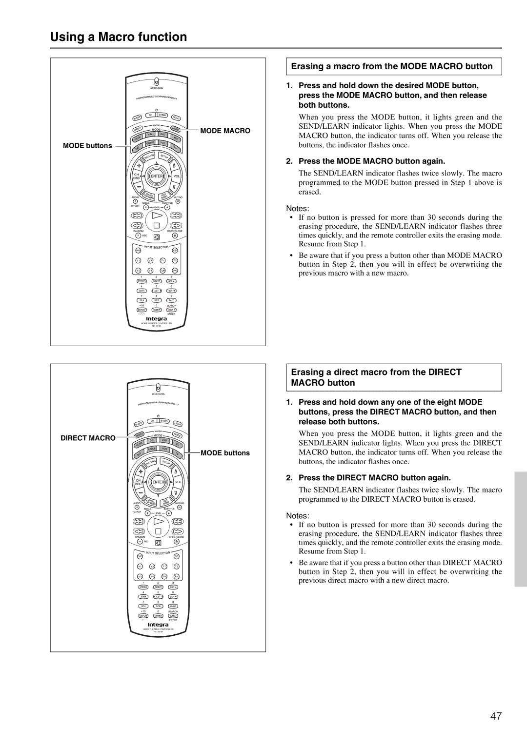 Integra DTR-5.2 appendix Erasing a macro from the Mode Macro button, Erasing a direct macro from the Direct Macro button 