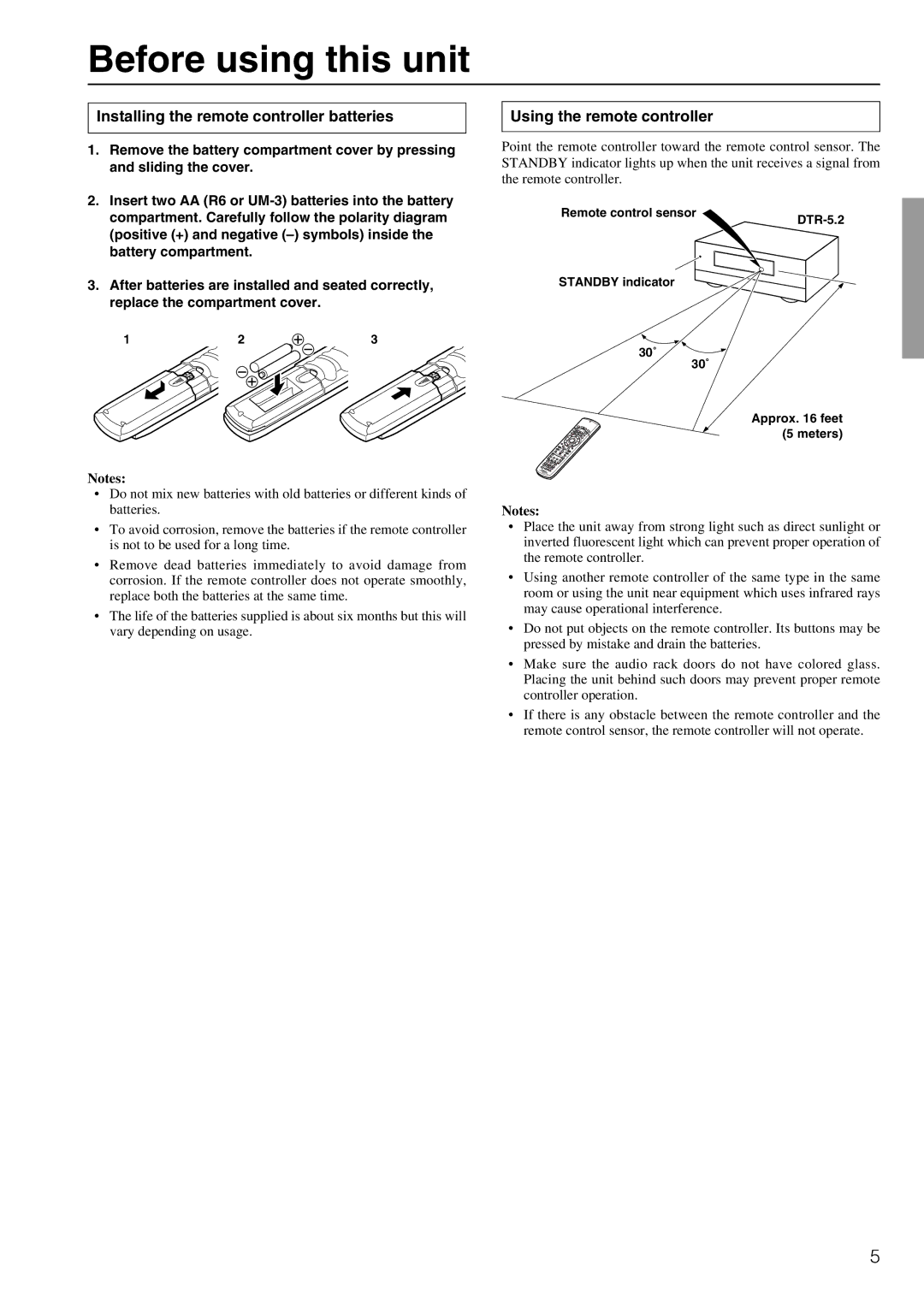 Integra DTR-5.2 appendix Before using this unit, Installing the remote controller batteries, Using the remote controller 