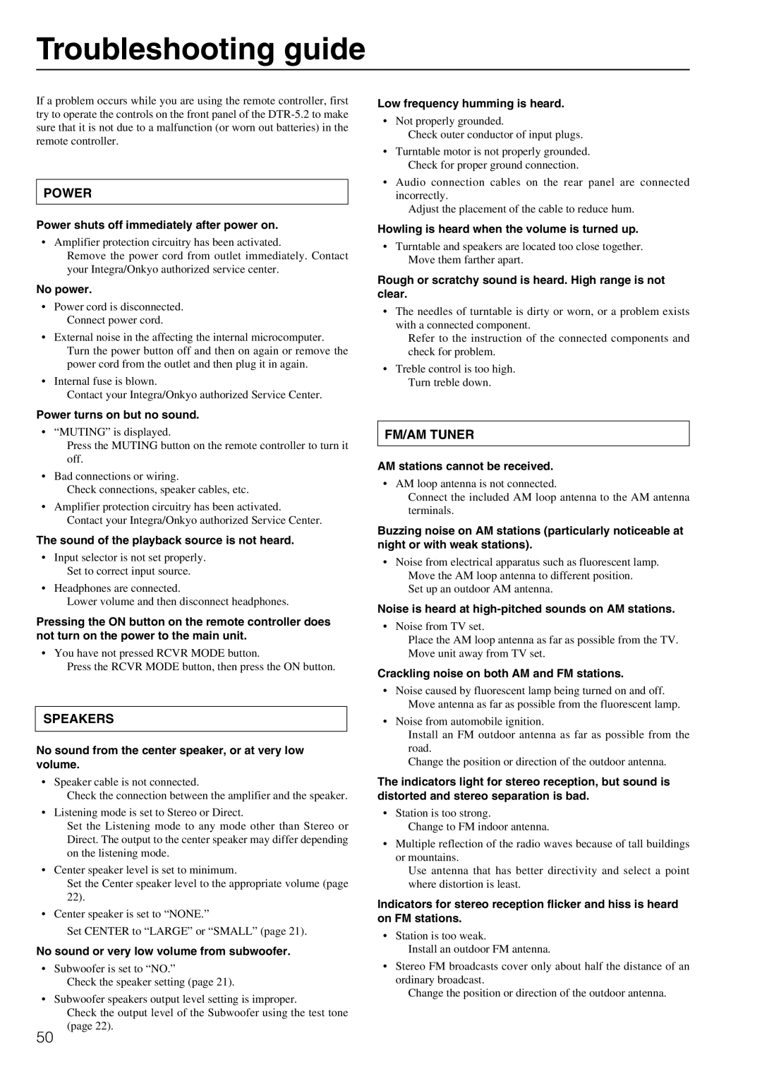 Integra DTR-5.2 appendix Troubleshooting guide 