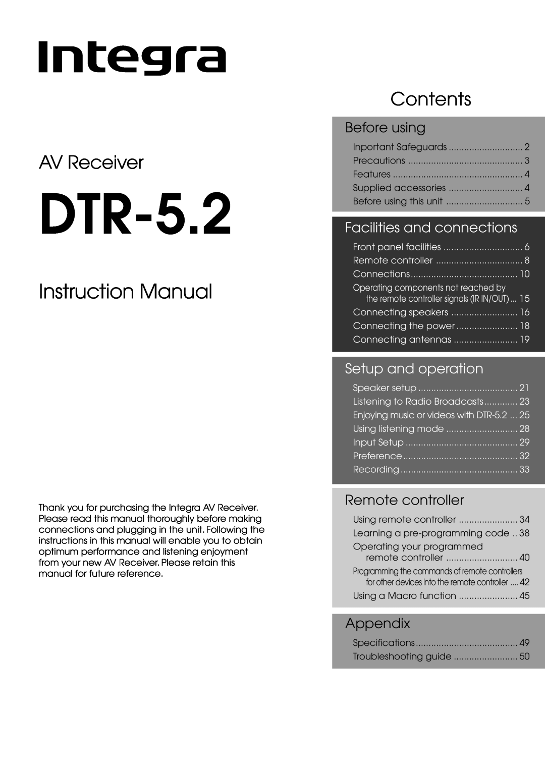 Integra DTR-5.2 appendix AV Receiver, Contents, Before using, Facilities and connections, Setup and operation, Appendix 