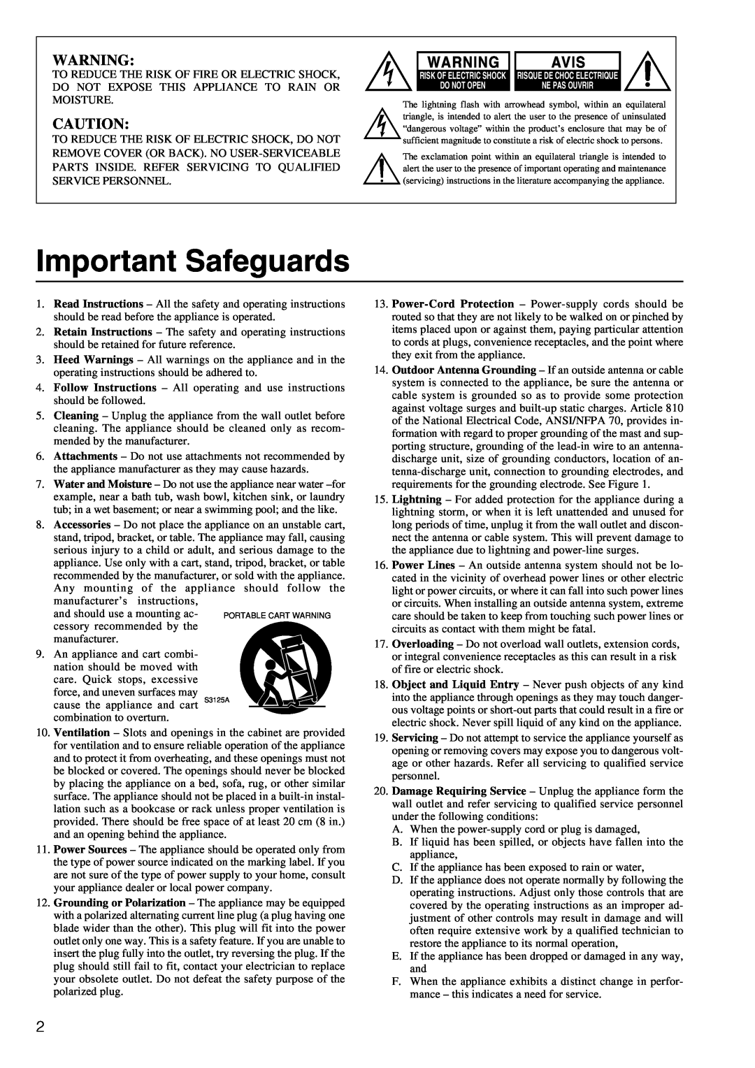 Integra DTR-5.2 appendix Important Safeguards, Avis 