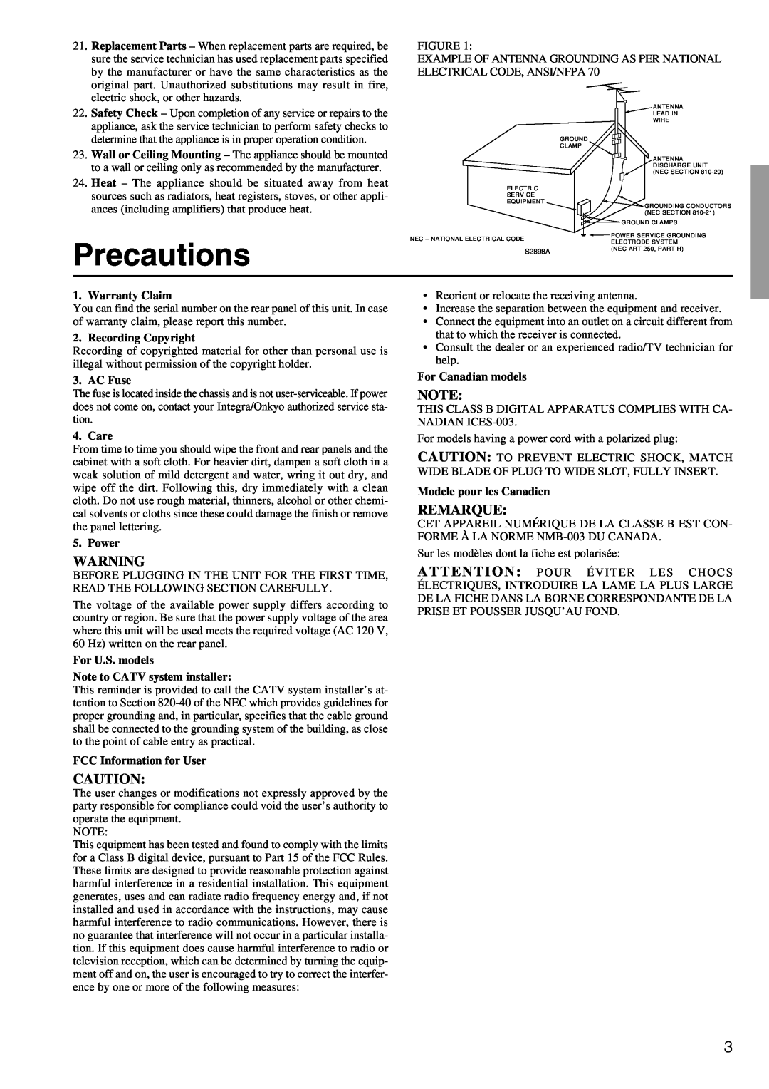 Integra DTR-5.2 appendix Precautions, Remarque 