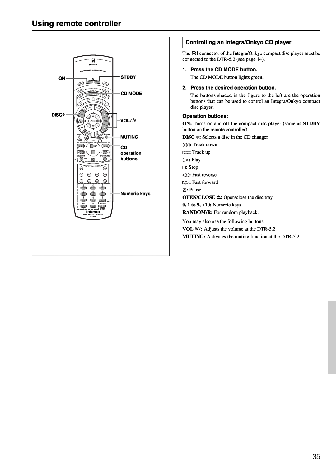 Integra DTR-5.2 appendix Using remote controller, Controlling an Integra/Onkyo CD player 
