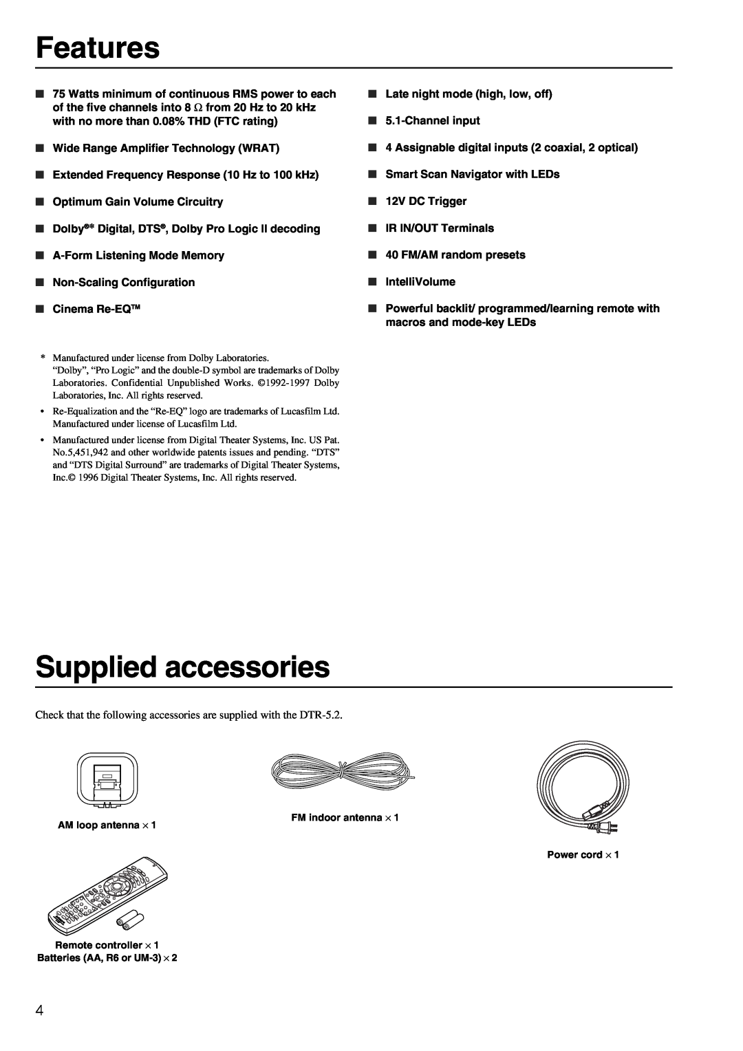 Integra DTR-5.2 appendix Features, Supplied accessories 