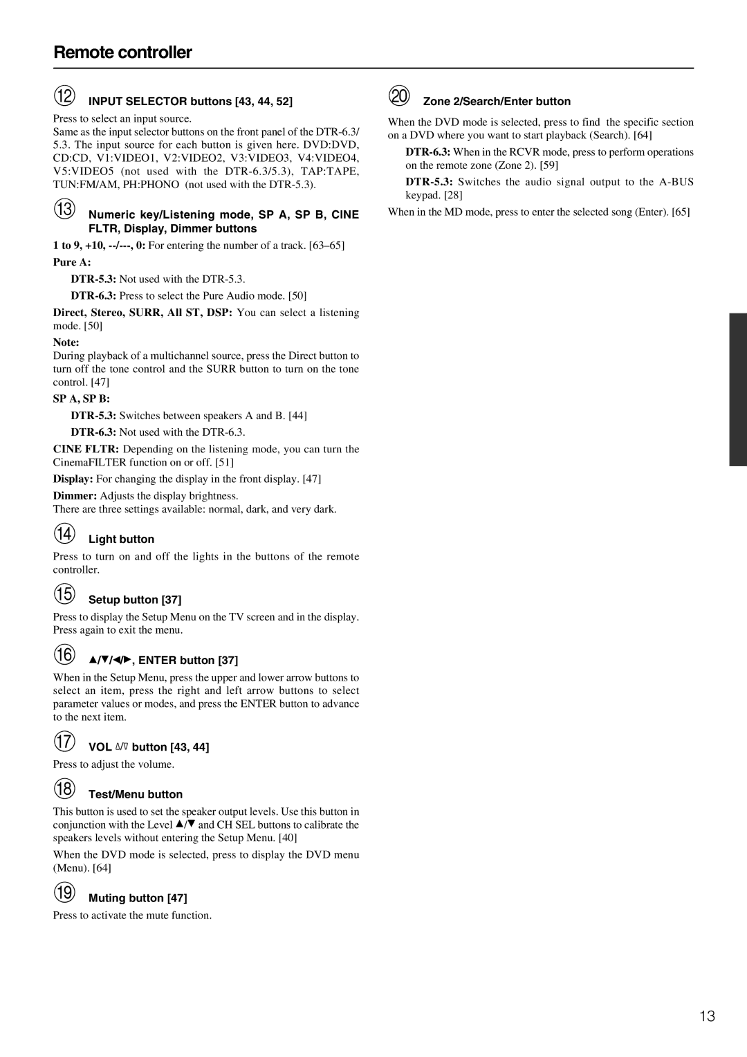 Integra DTR-5.3 instruction manual Remote controller 