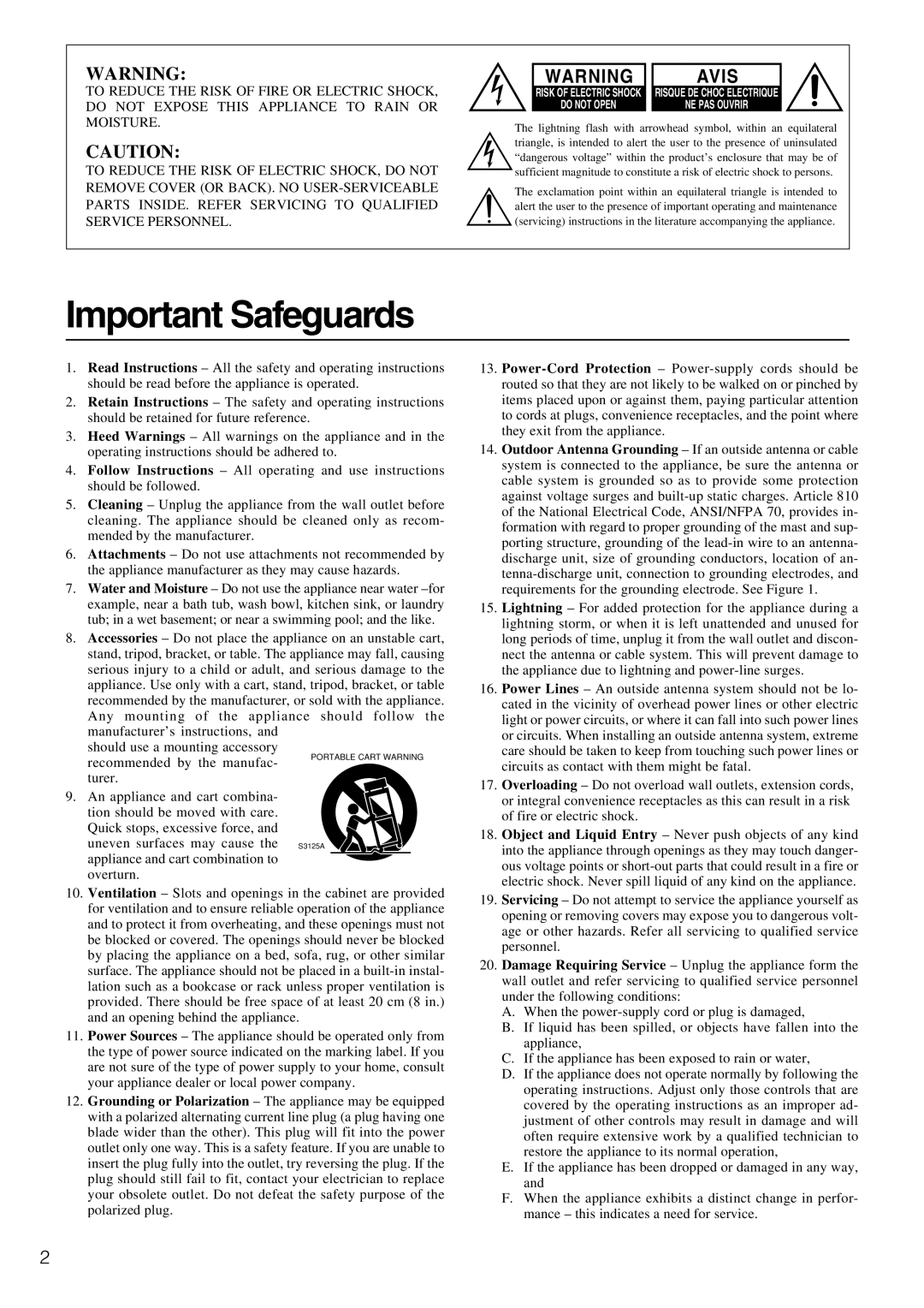 Integra DTR-5.3 instruction manual Important Safeguards, Avis 