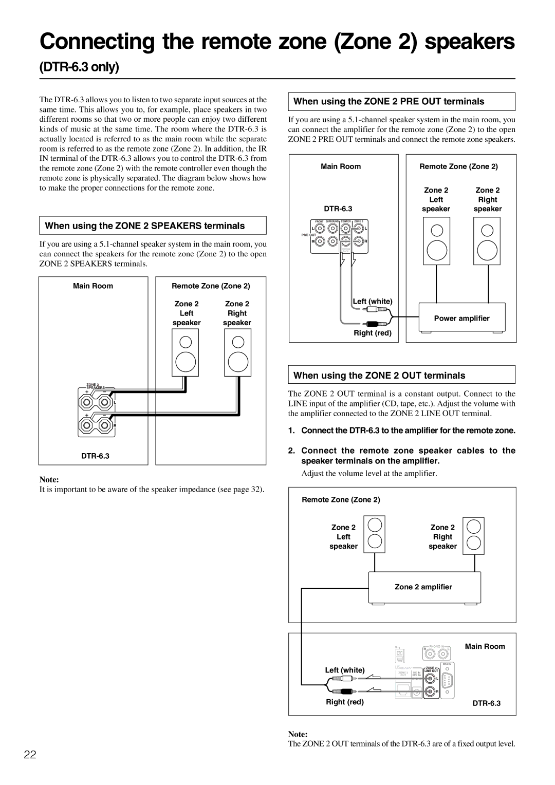 Integra DTR-5.3 Connecting the remote zone Zone 2 speakers, DTR-6.3 only, When using the Zone 2 PRE OUT terminals 