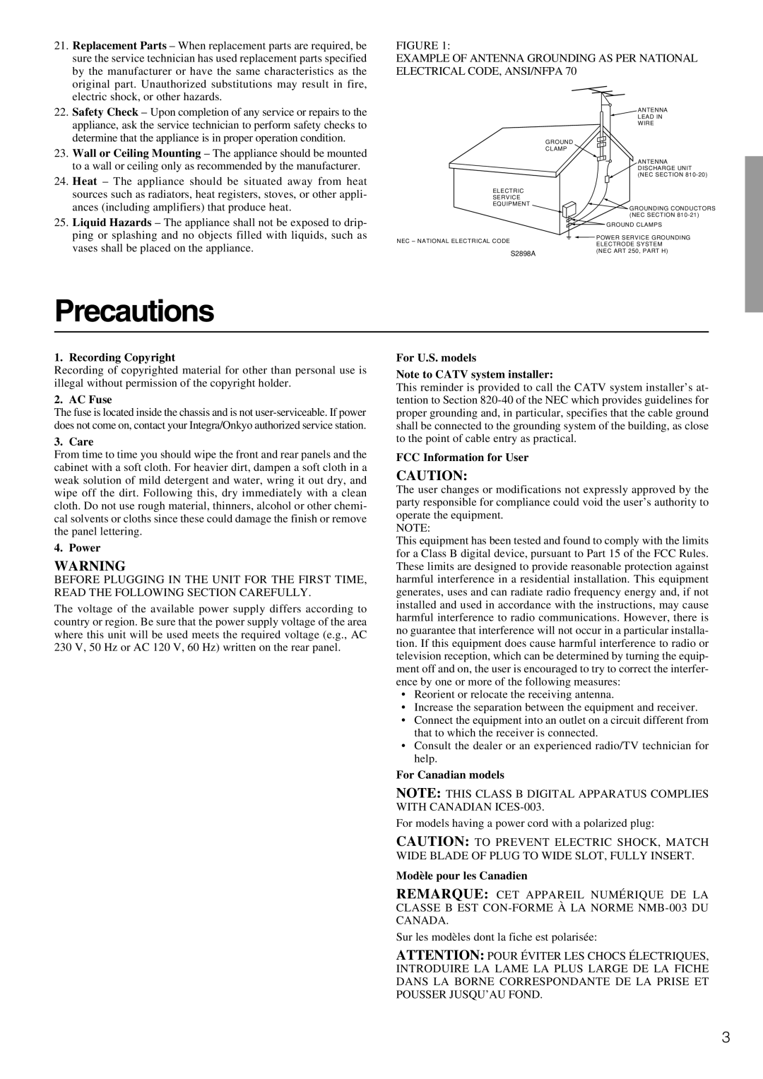 Integra DTR-5.3 instruction manual Precautions 