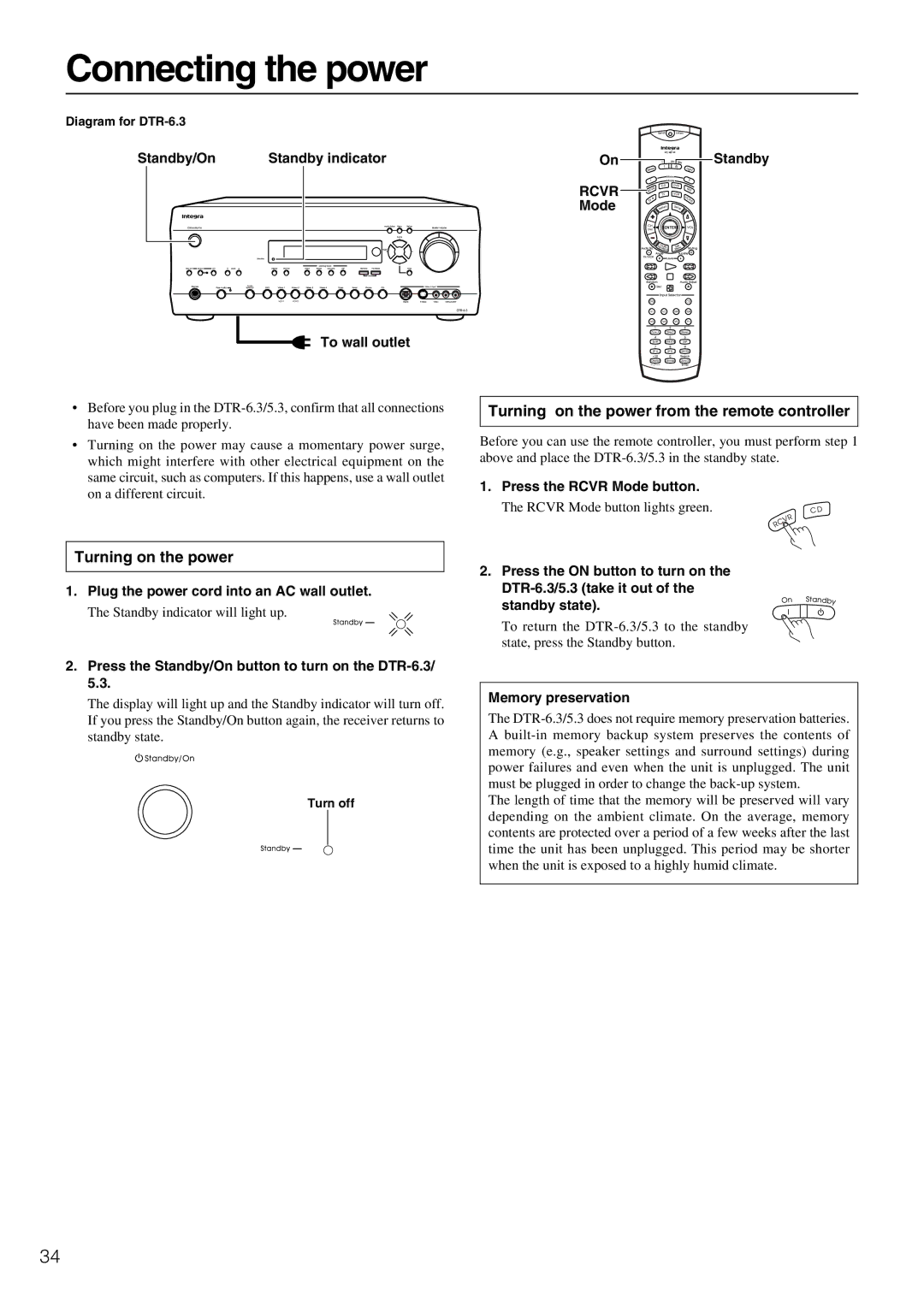 Integra DTR-5.3 instruction manual Connecting the power, Turning on the power from the remote controller 