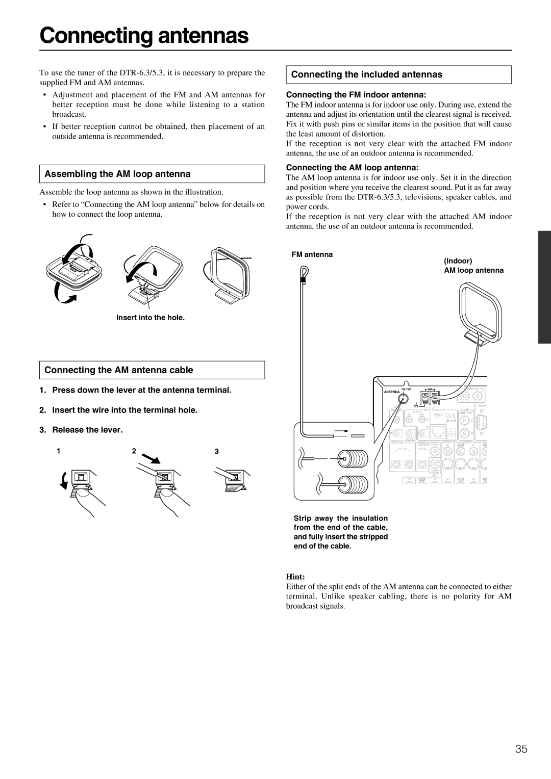 Integra DTR-5.3 instruction manual Connecting antennas, Assembling the AM loop antenna, Connecting the AM antenna cable 