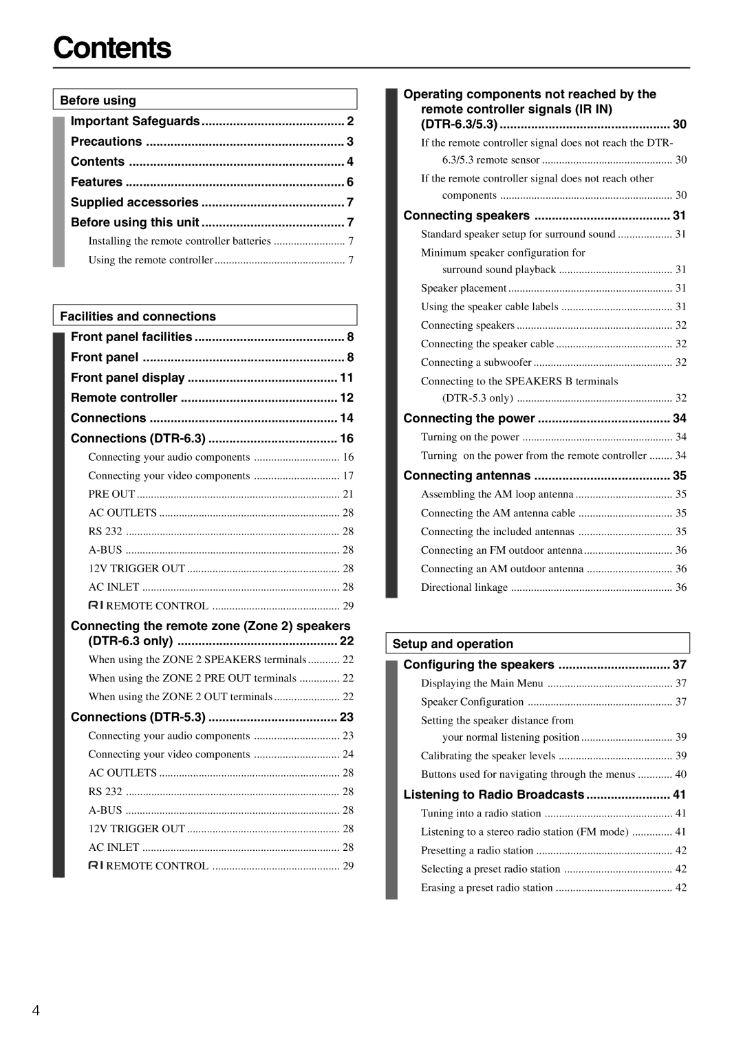 Integra DTR-5.3 instruction manual Contents 