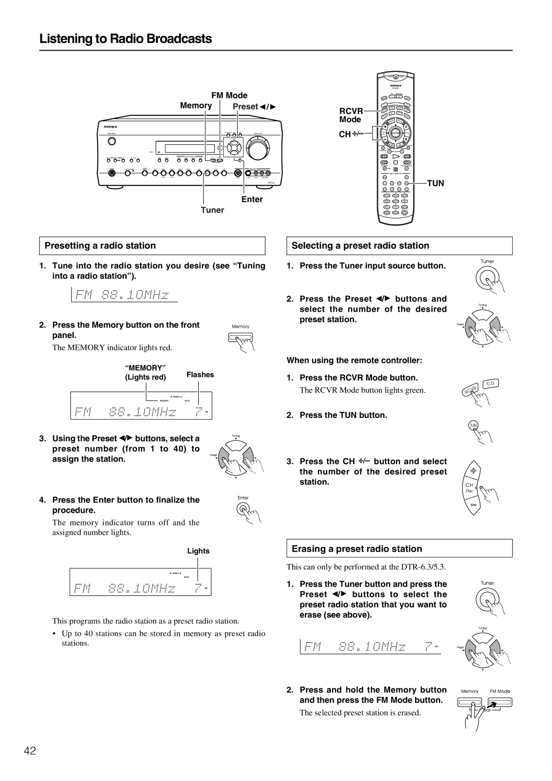 Integra DTR-5.3 Listening to Radio Broadcasts, Presetting a radio station, Selecting a preset radio station 