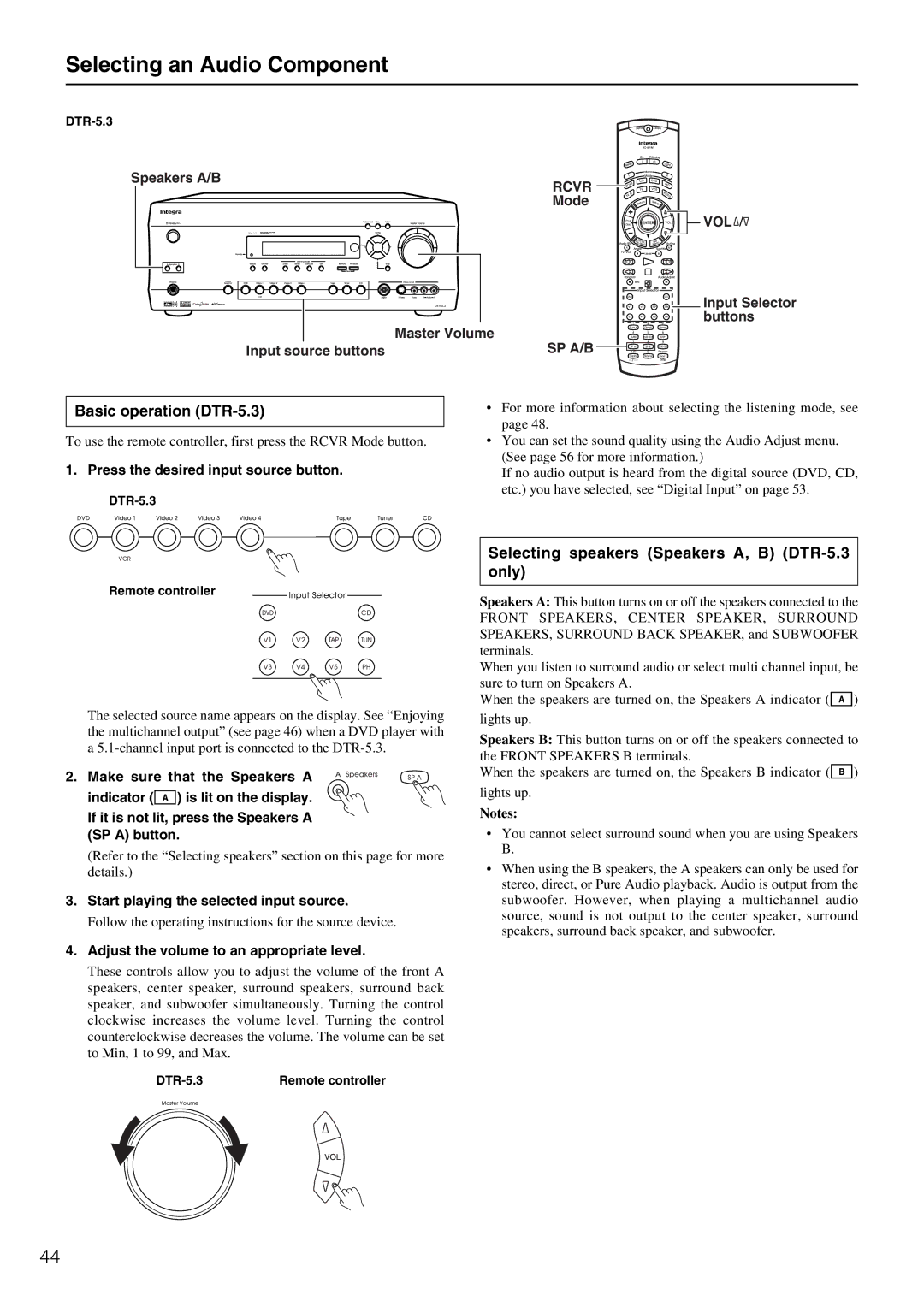 Integra Selecting an Audio Component, Basic operation DTR-5.3, Selecting speakers Speakers A, B DTR-5.3 only 