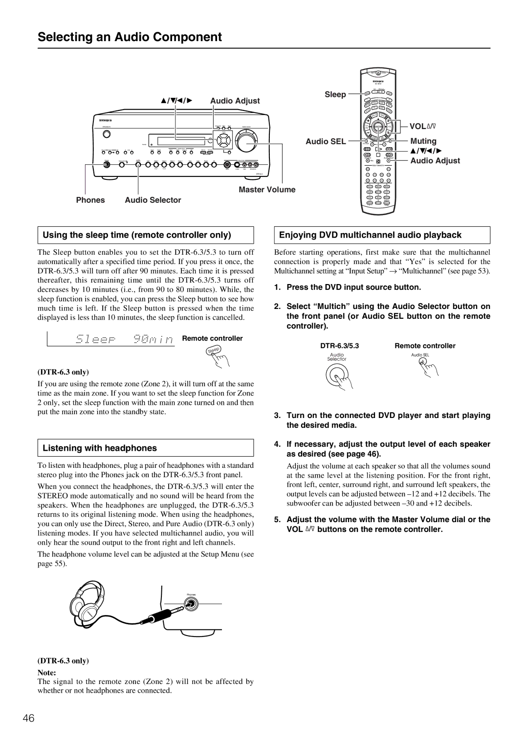 Integra DTR-5.3 Using the sleep time remote controller only, Listening with headphones, Sleep Audio Adjust 