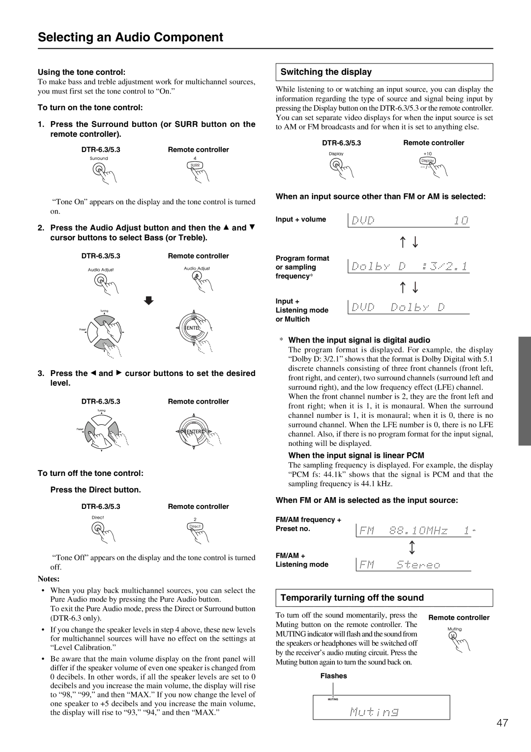 Integra DTR-5.3 instruction manual Switching the display, Temporarily turning off the sound 