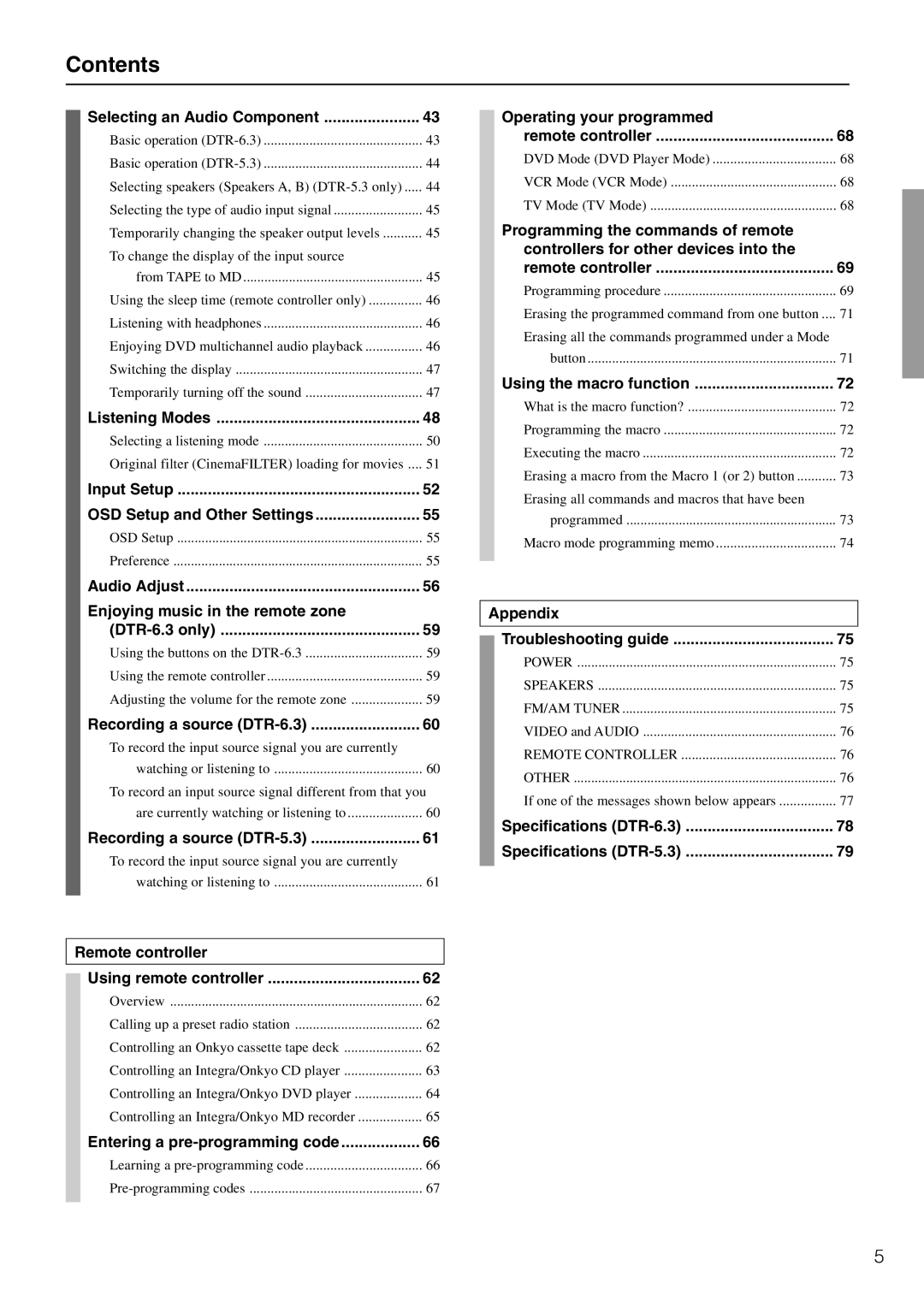 Integra DTR-5.3 instruction manual Contents 