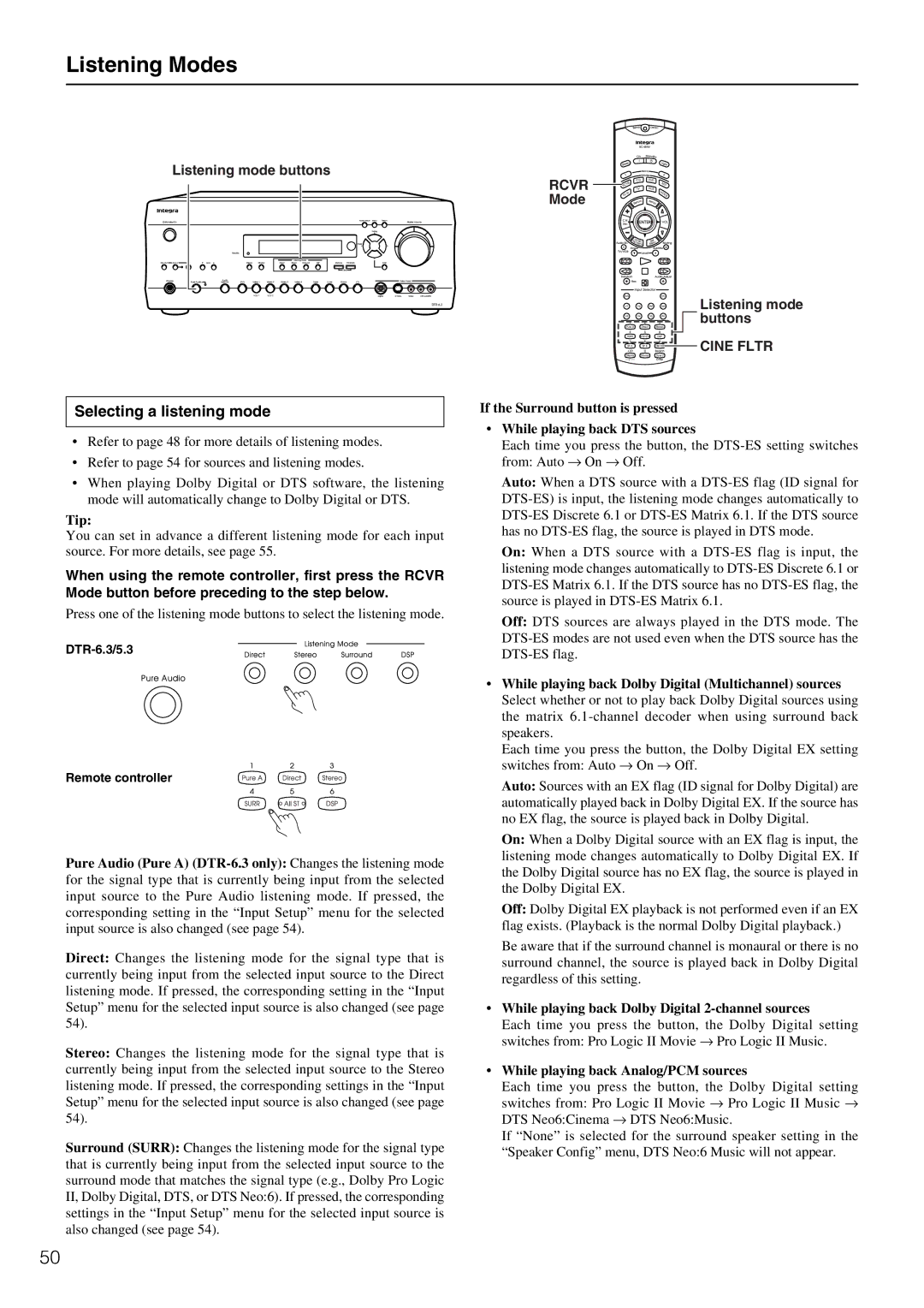 Integra DTR-5.3 Selecting a listening mode, Tip, Rcvr Mode Listening mode buttons, While playing back Analog/PCM sources 