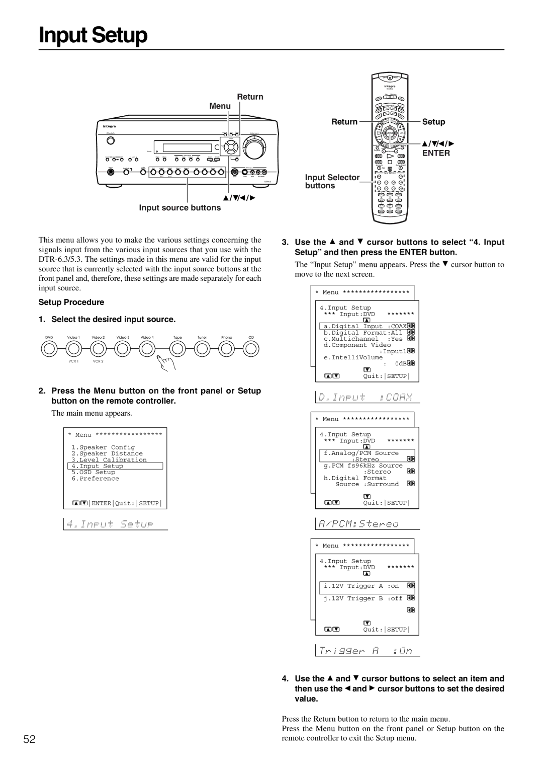 Integra DTR-5.3 instruction manual Input Setup, Return Menu Input source buttons Return Setup, Input Selector buttons 