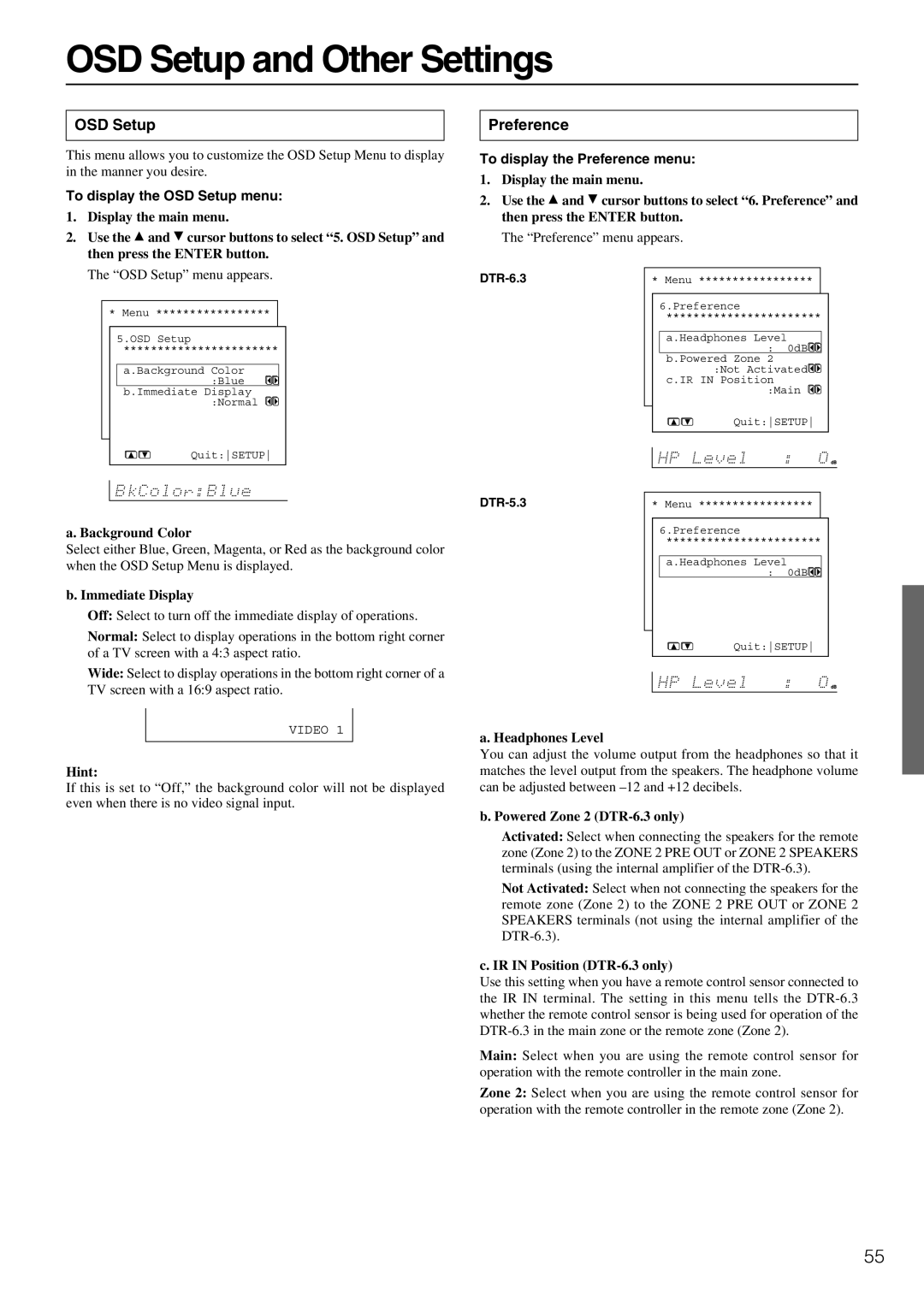 Integra DTR-5.3 OSD Setup and Other Settings, To display the OSD Setup menu, To display the Preference menu 