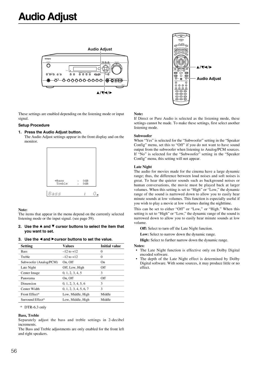 Integra DTR-5.3 Setup Procedure Press the Audio Adjust button, Setting Values Initial value, Bass, Treble, Late Night 