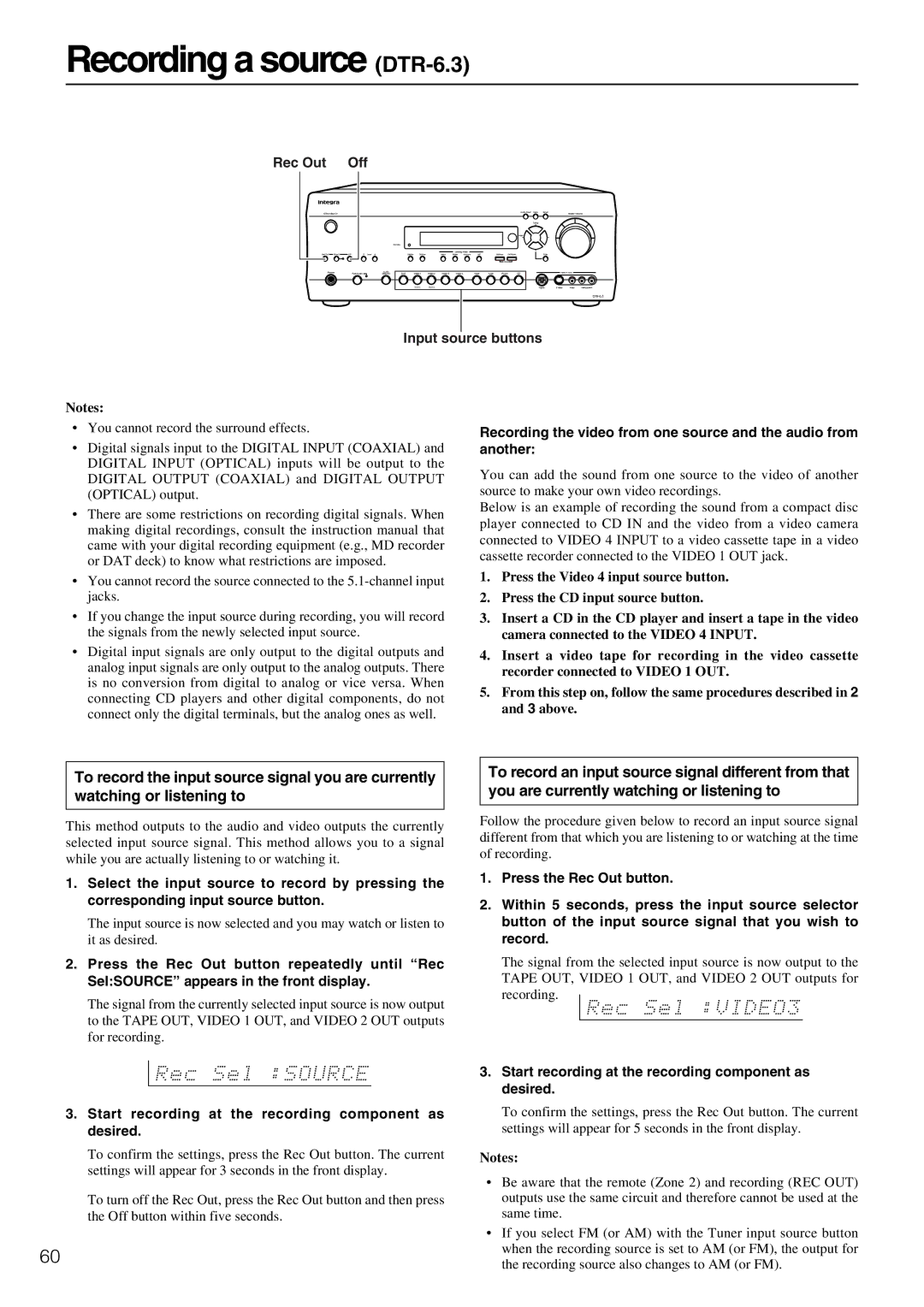 Integra DTR-5.3 instruction manual Recording a source DTR-6.3, Rec Out Off Input source buttons 