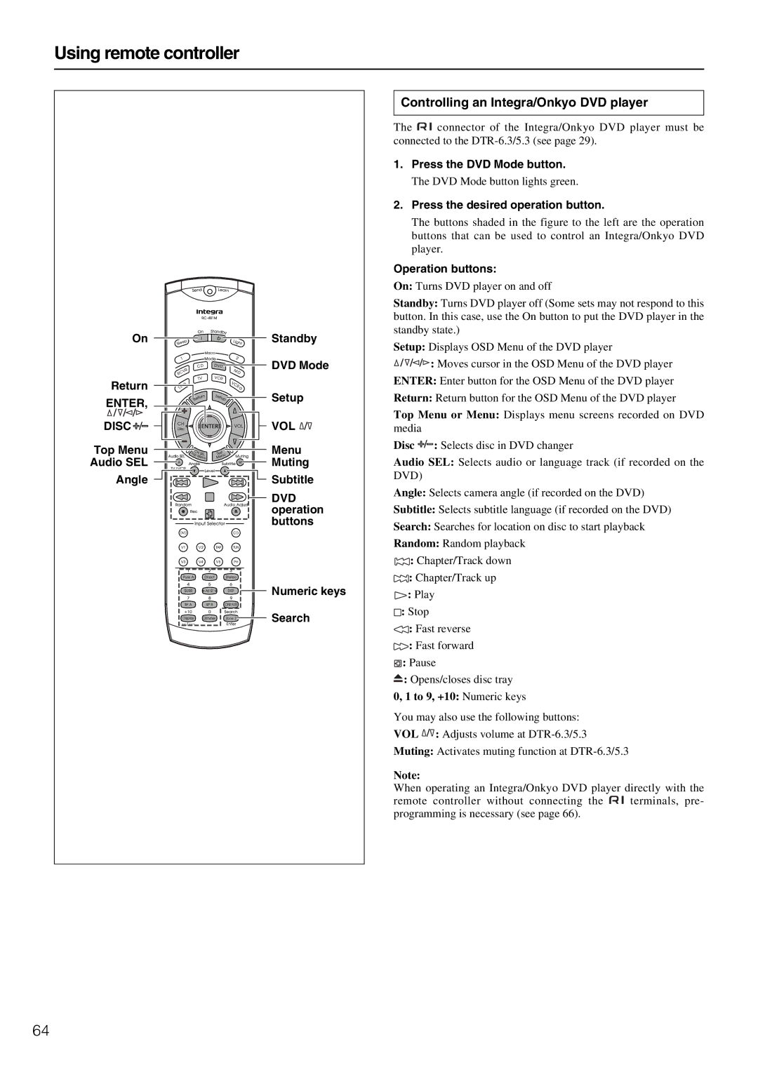 Integra DTR-5.3 instruction manual Controlling an Integra/Onkyo DVD player, Top Menu Audio SEL Angle Standby DVD Mode Setup 