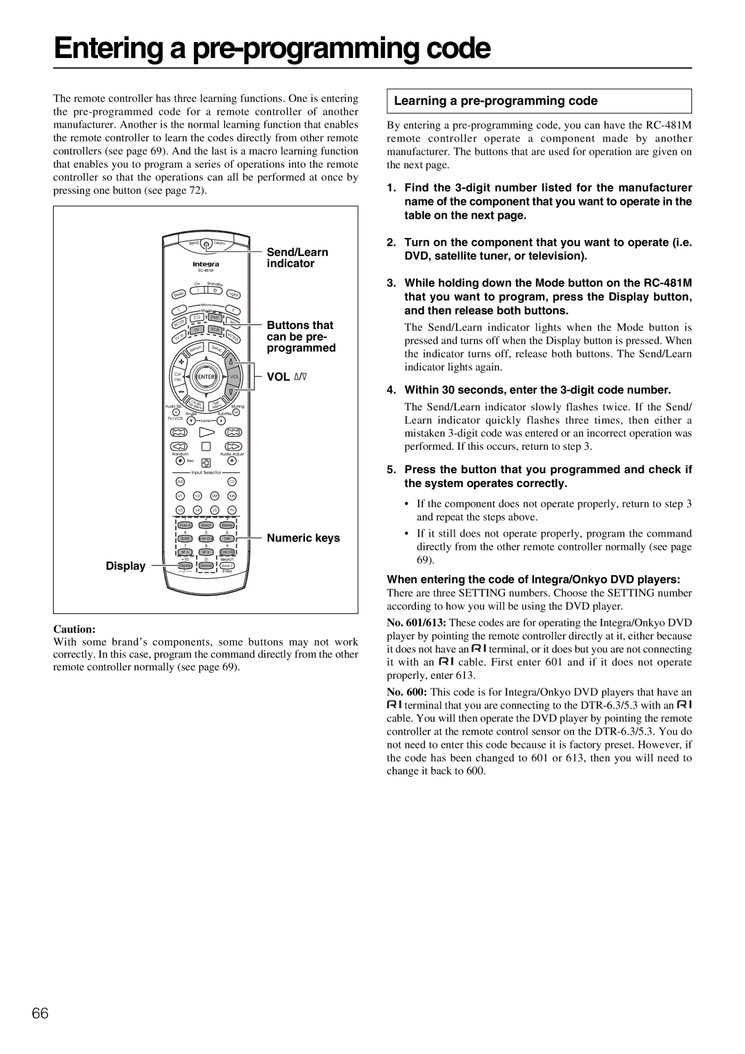 Integra DTR-5.3 instruction manual Entering a pre-programming code, Learning a pre-programming code 