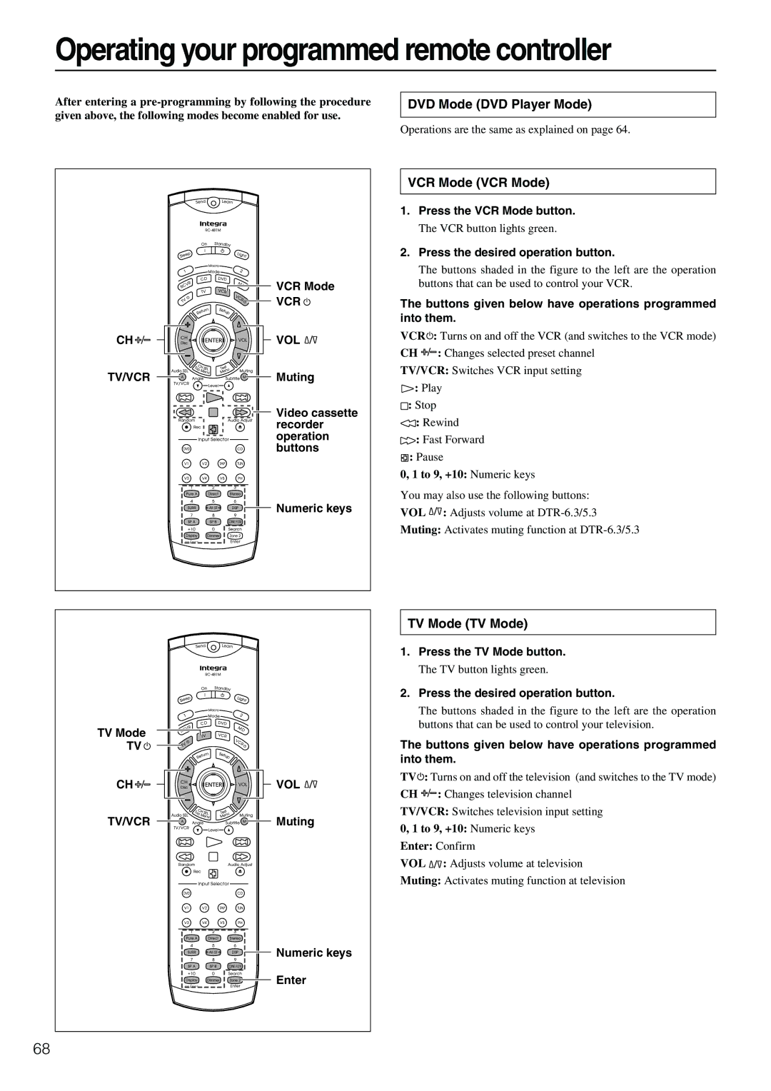 Integra DTR-5.3 Operating your programmed remote controller, DVD Mode DVD Player Mode, VCR Mode VCR Mode, TV Mode TV Mode 