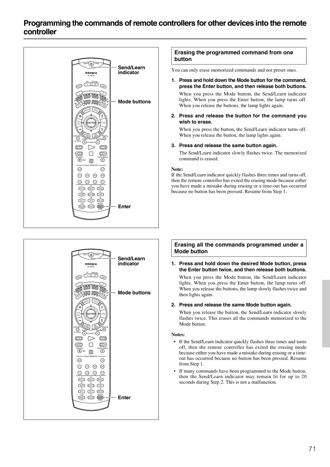 Integra DTR-5.3 Erasing the programmed command from one button, Erasing all the commands programmed under a Mode button 