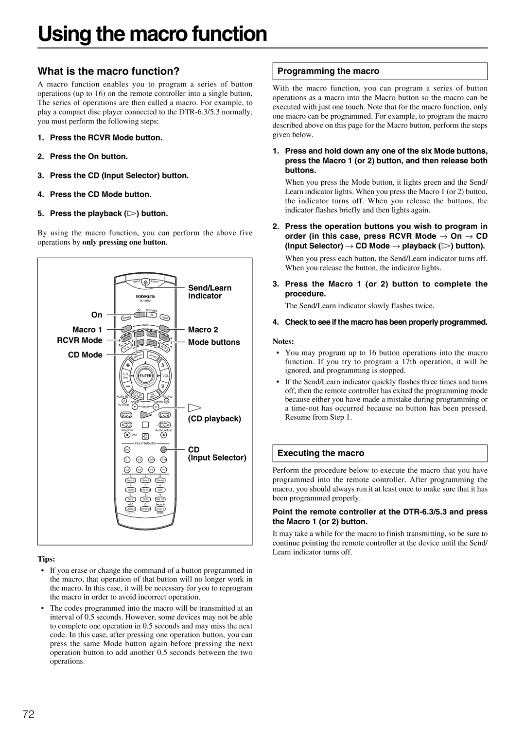 Integra DTR-5.3 instruction manual Using the macro function, Programming the macro, Executing the macro 