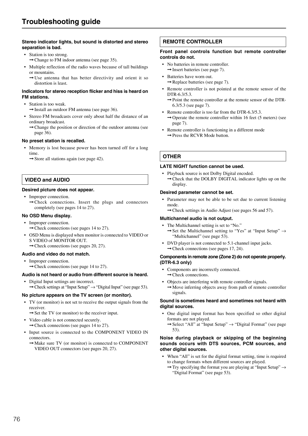 Integra DTR-5.3 instruction manual Troubleshooting guide, Video and Audio 