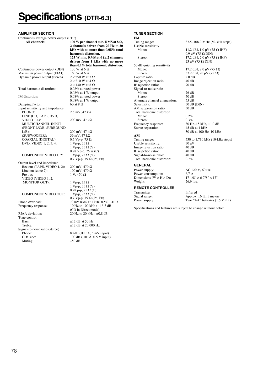 Integra DTR-5.3 instruction manual Specifications DTR-6.3, Amplifier Section 