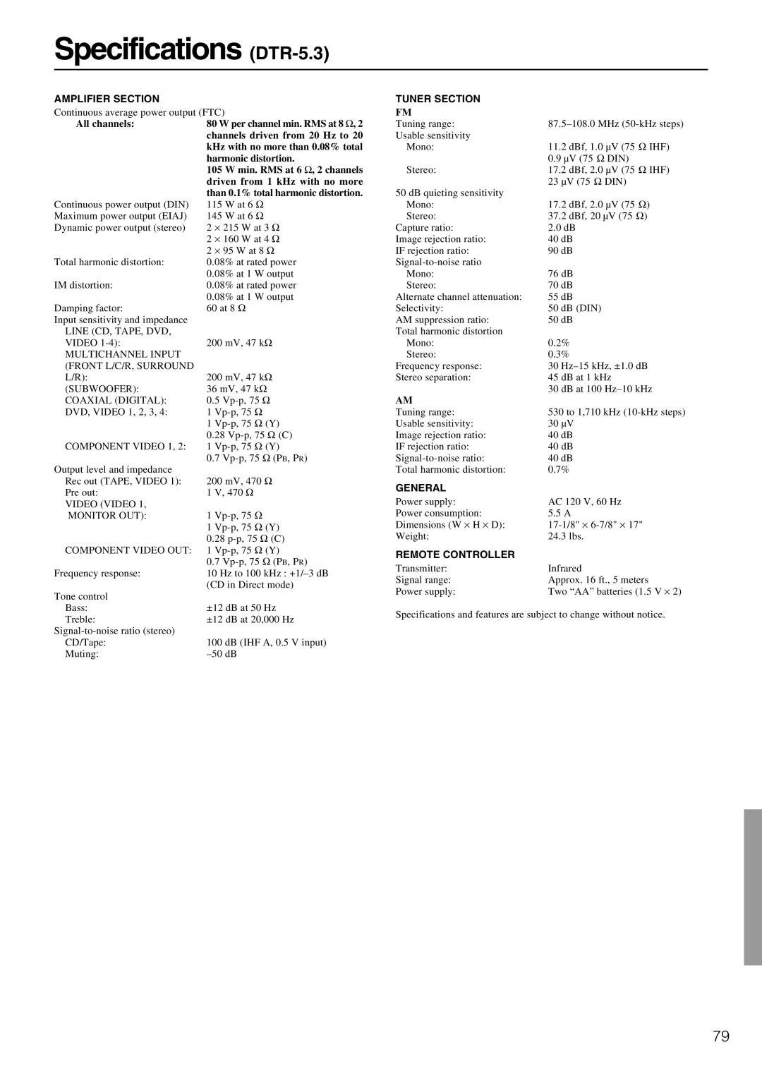 Integra instruction manual Specifications DTR-5.3 