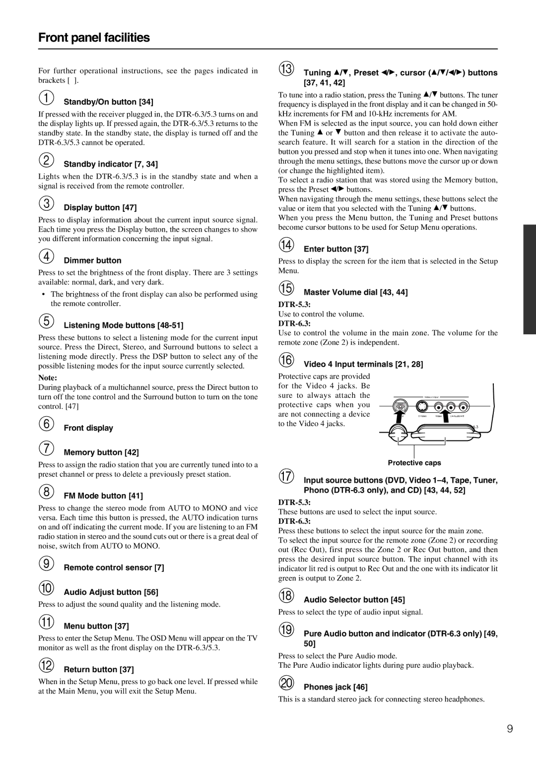 Integra DTR-5.3 instruction manual Front panel facilities 