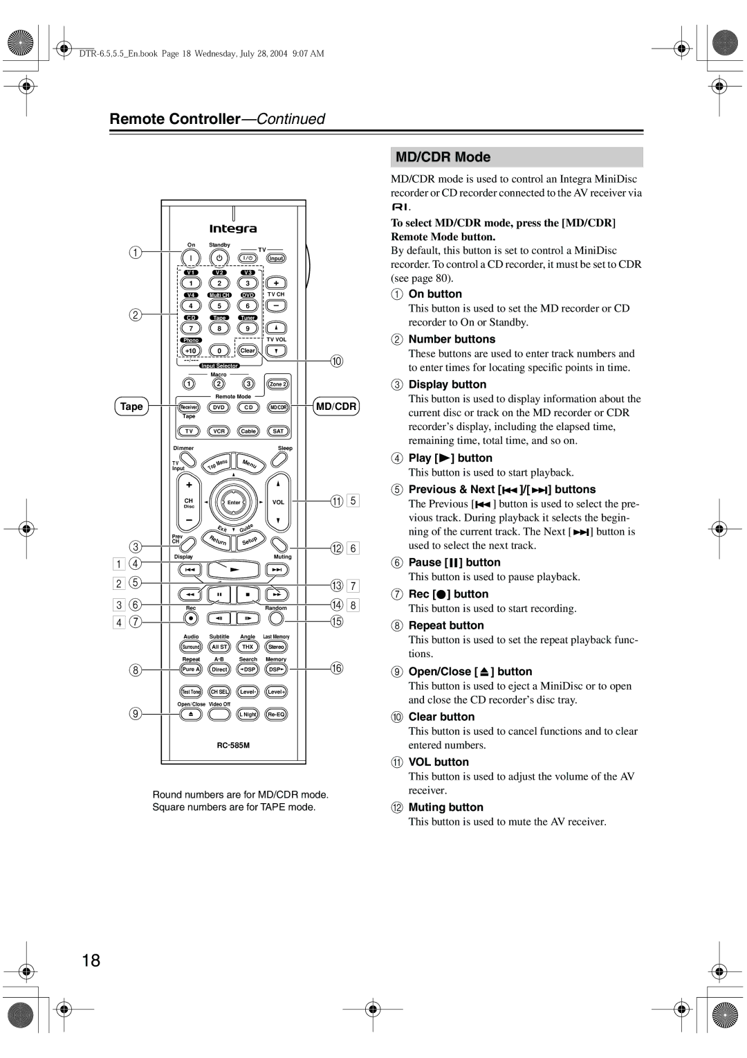 Integra DTR-5.5 instruction manual MD/CDR Mode, Play button, Previous & Next / buttons, Pause button, Rec button 