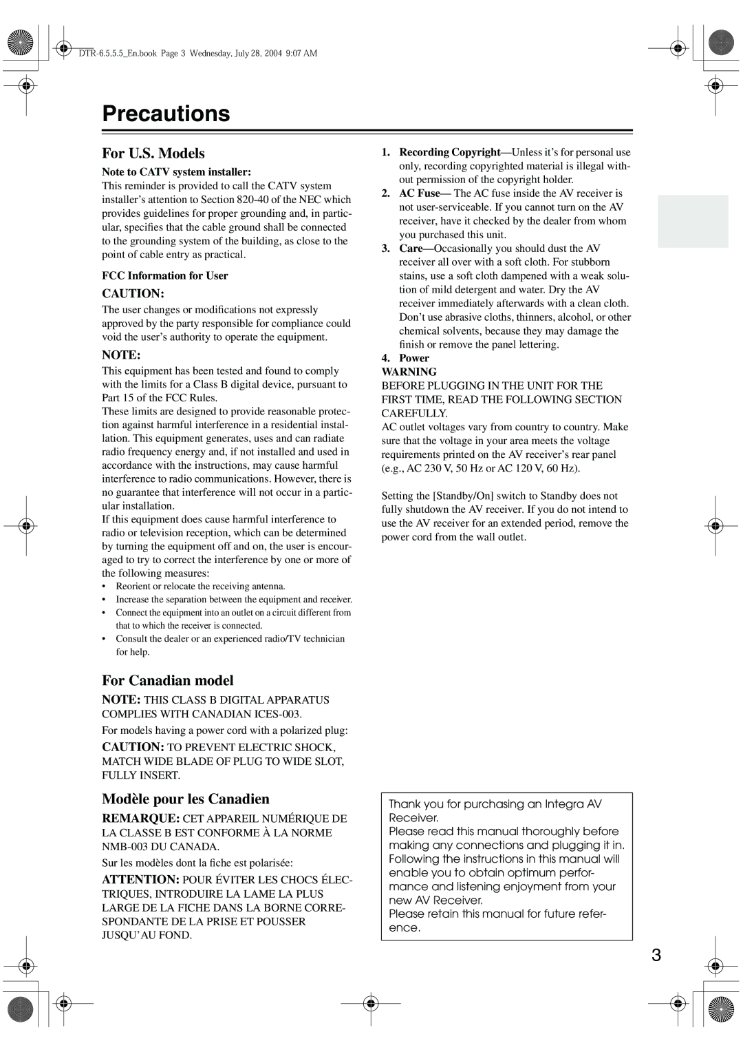 Integra DTR-5.5 Precautions, FCC Information for User, Power, For models having a power cord with a polarized plug 