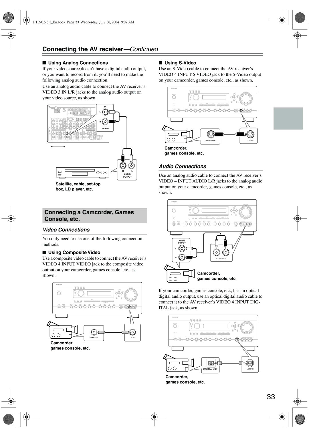 Integra DTR-5.5 instruction manual Connecting a Camcorder, Games Console, etc, Using Analog Connections Using S-Video 