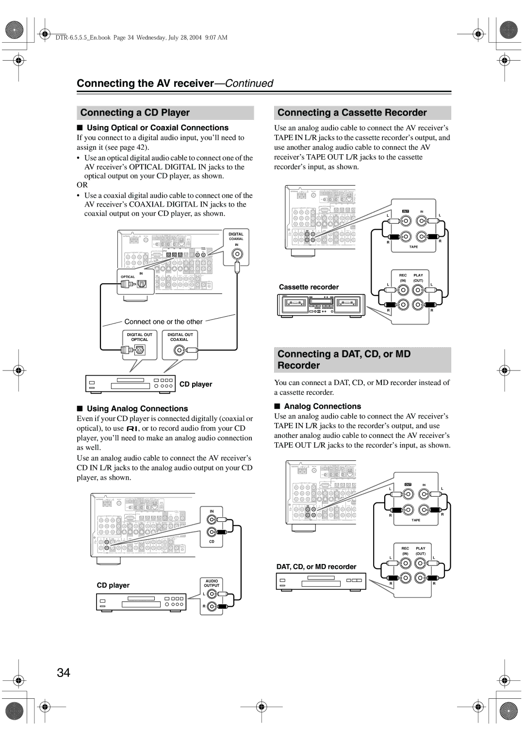 Integra DTR-5.5 Connecting a CD Player Connecting a Cassette Recorder, Connecting a DAT, CD, or MD Recorder, CD player 