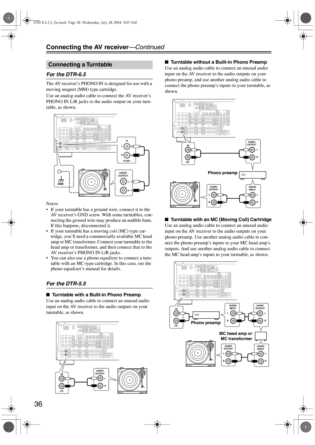 Integra instruction manual Connecting a Turntable, For the DTR-6.5, For the DTR-5.5 