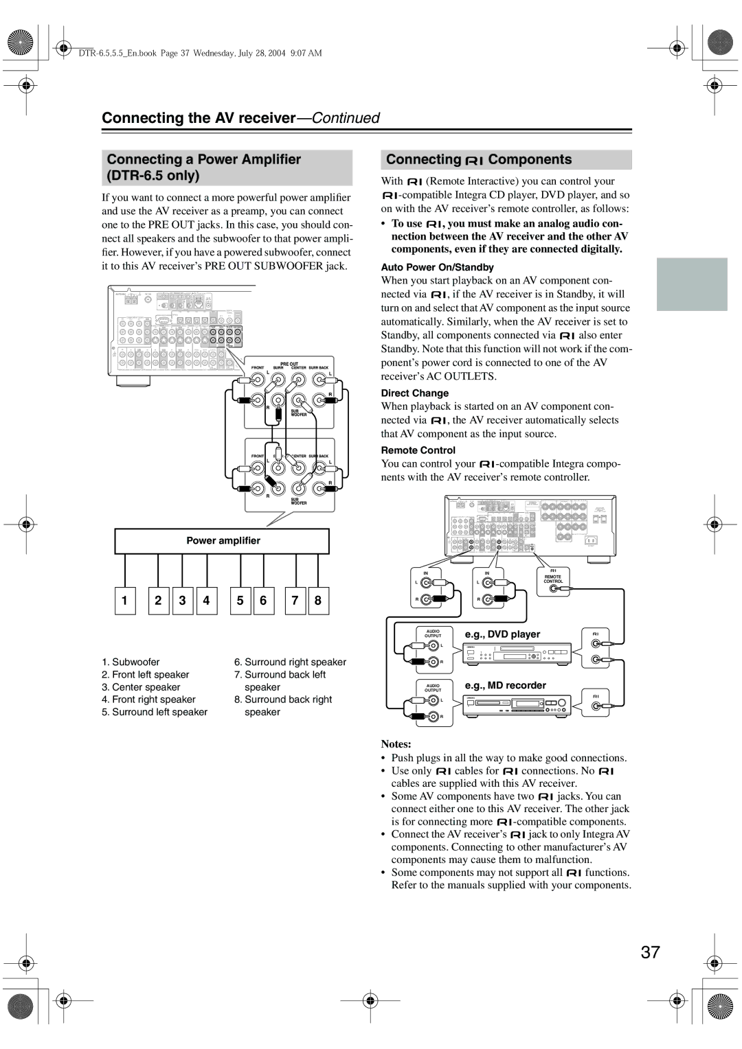 Integra DTR-5.5 instruction manual Connecting a Power Ampliﬁer DTR-6.5 only, Connecting Components 