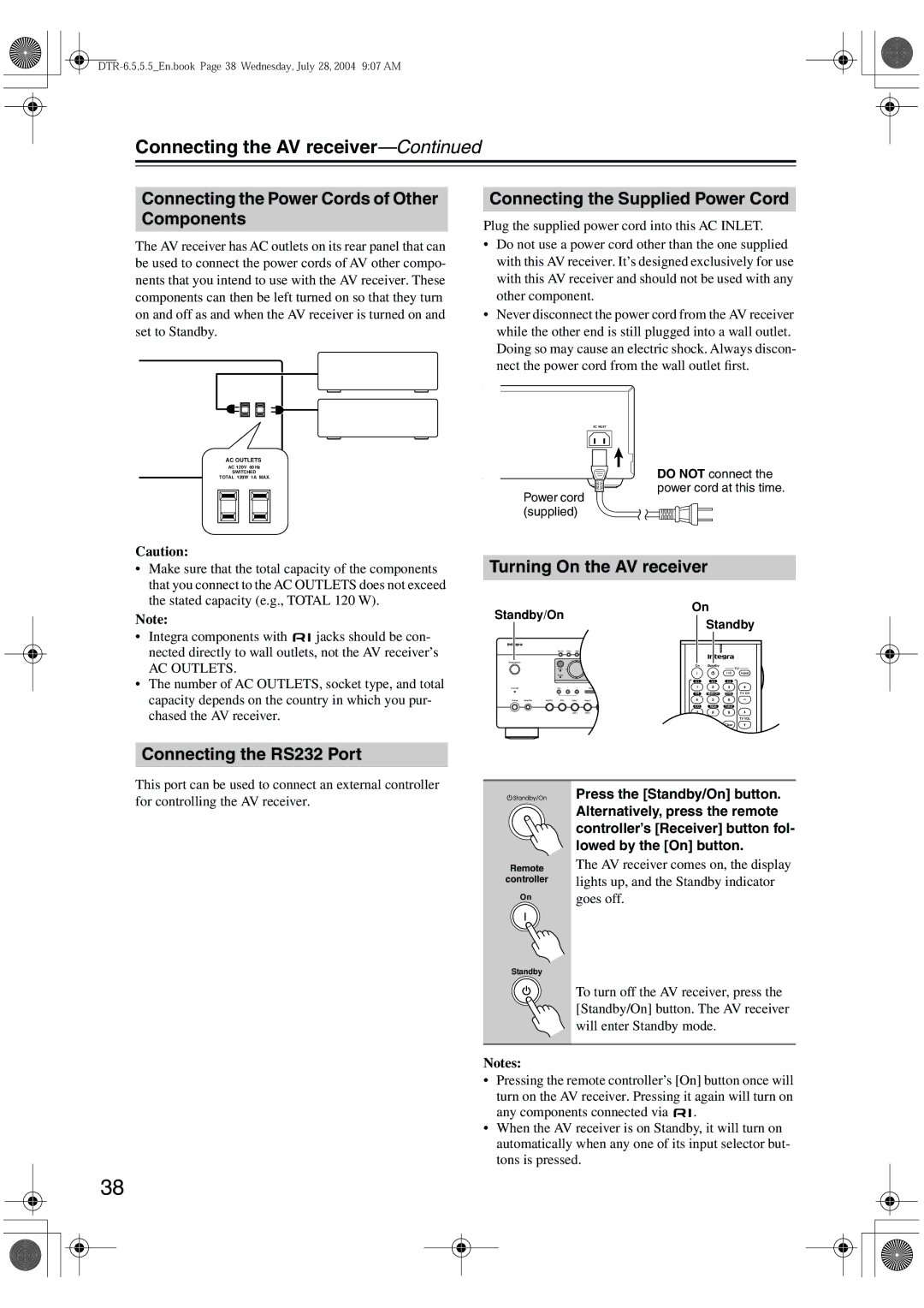 Integra DTR-5.5 Connecting the Power Cords of Other Components, Connecting the Supplied Power Cord, Standby/On 