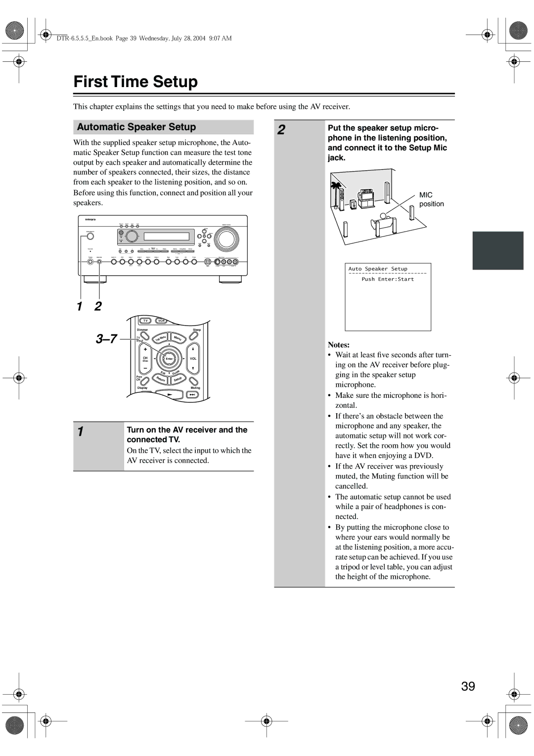 Integra DTR-5.5 instruction manual First Time Setup, Automatic Speaker Setup 