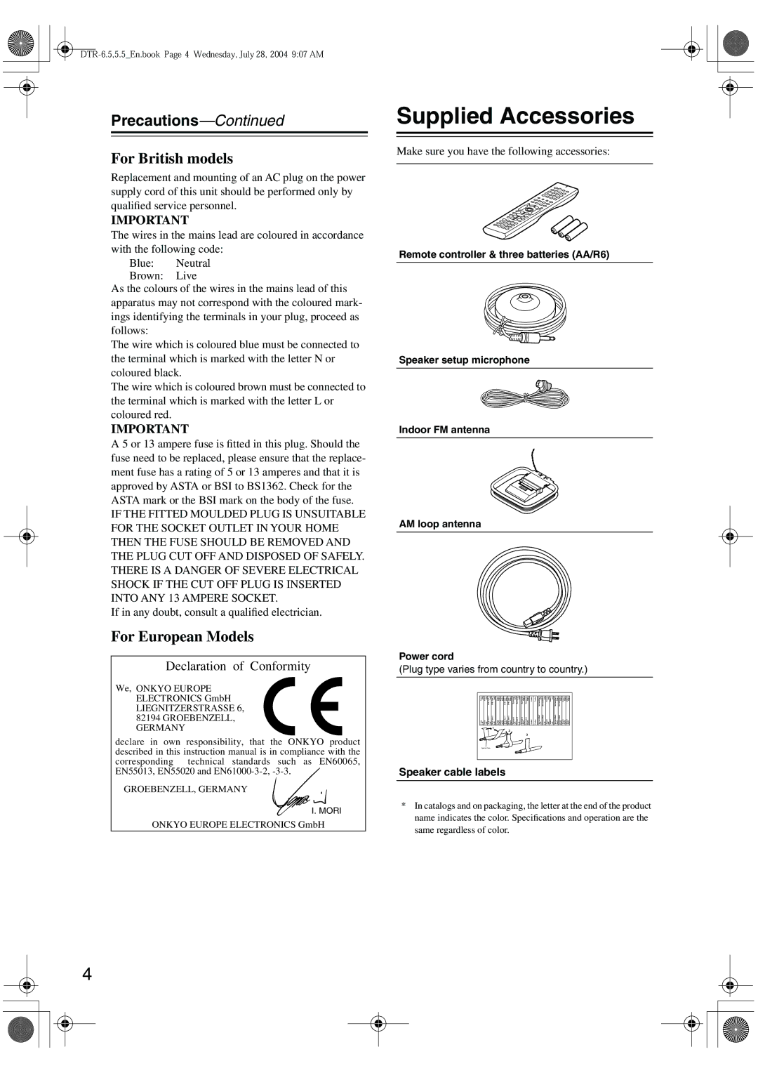 Integra DTR-5.5 Supplied Accessories, Precautions, If in any doubt, consult a qualiﬁed electrician, Speaker cable labels 