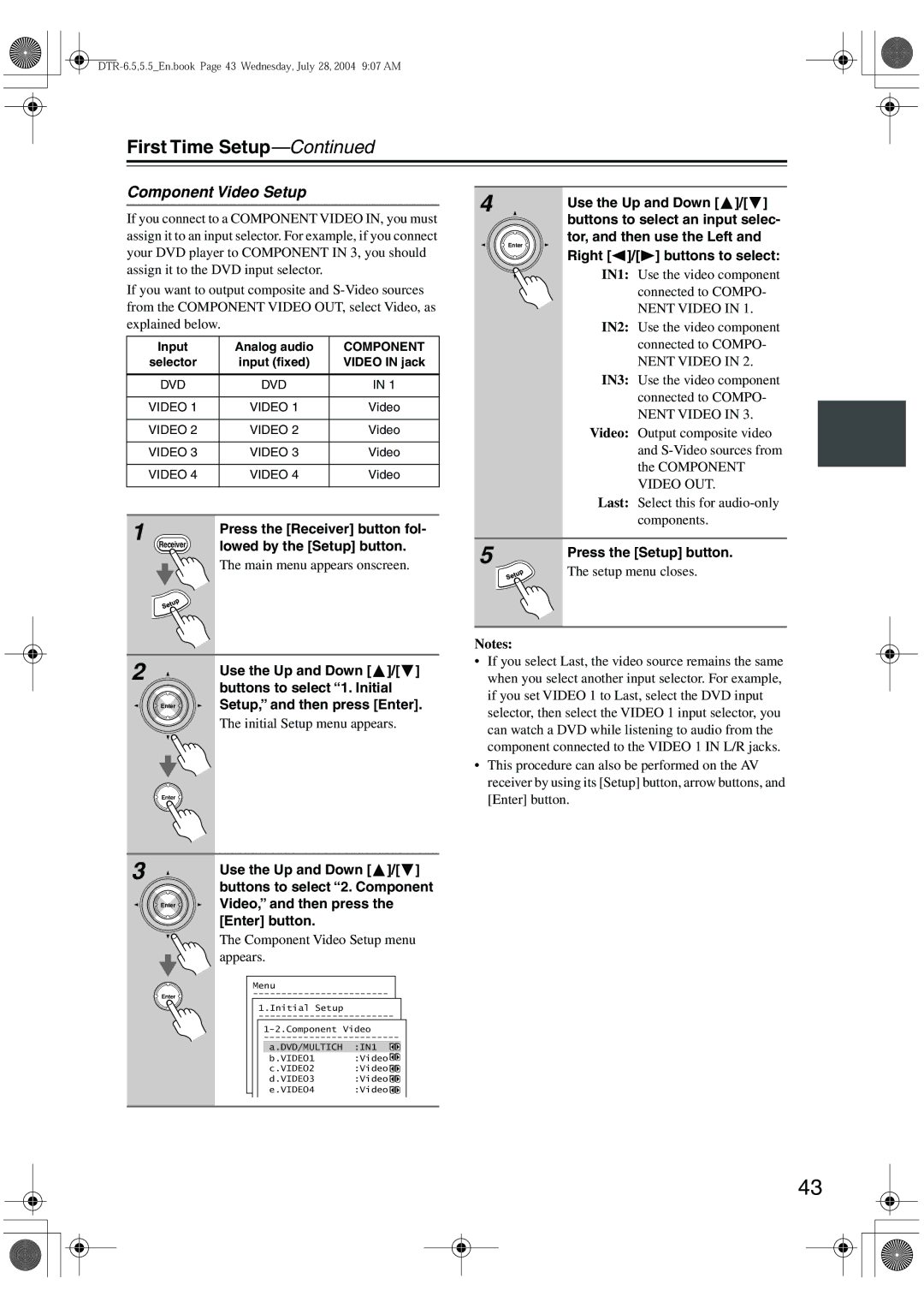 Integra DTR-5.5 instruction manual Component Video Setup, Main menu appears onscreen, Buttons to select an input selec 