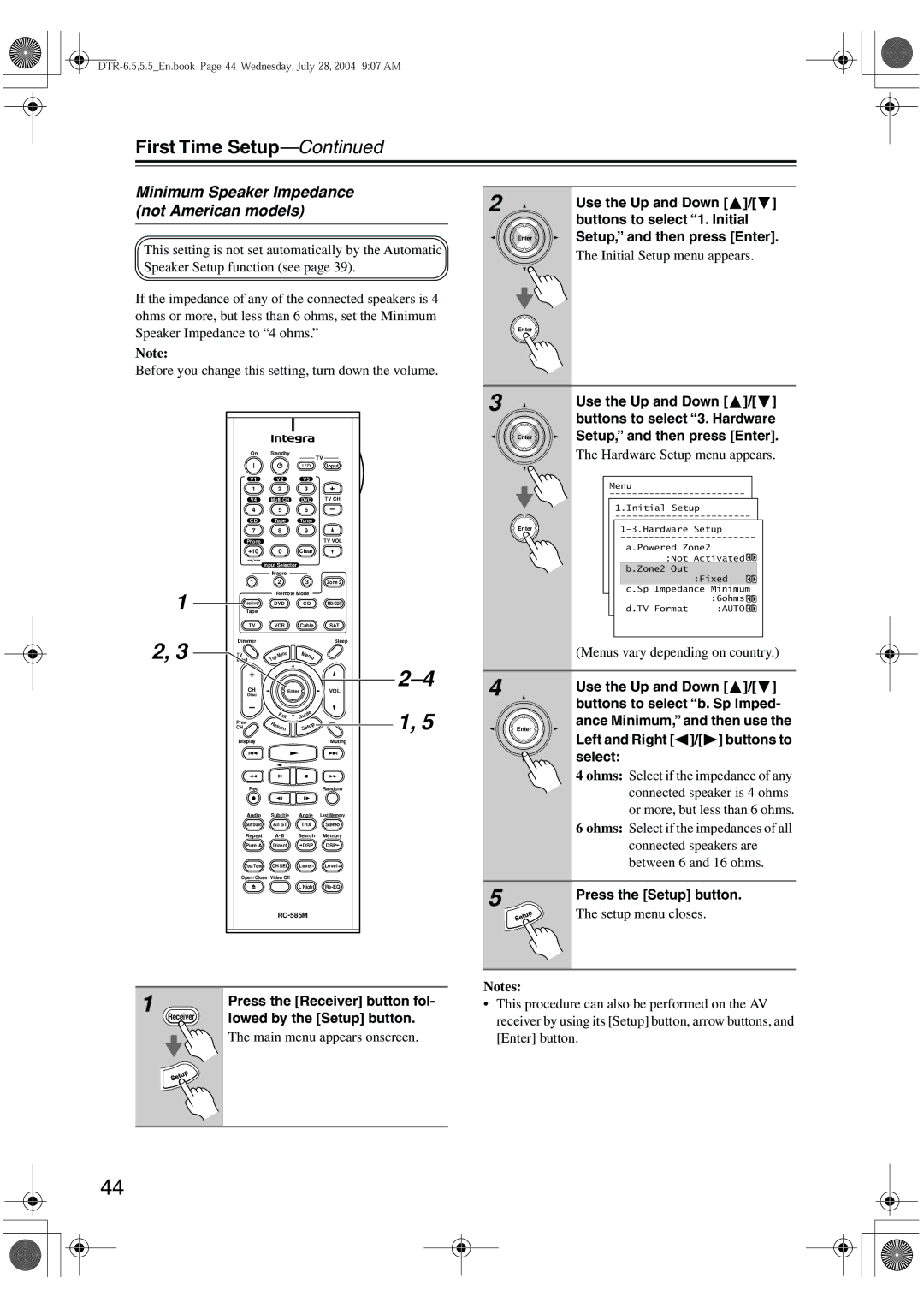 Integra DTR-5.5 Minimum Speaker Impedance not American models, Buttons to select b. Sp Imped, Ance Minimum, and then use 