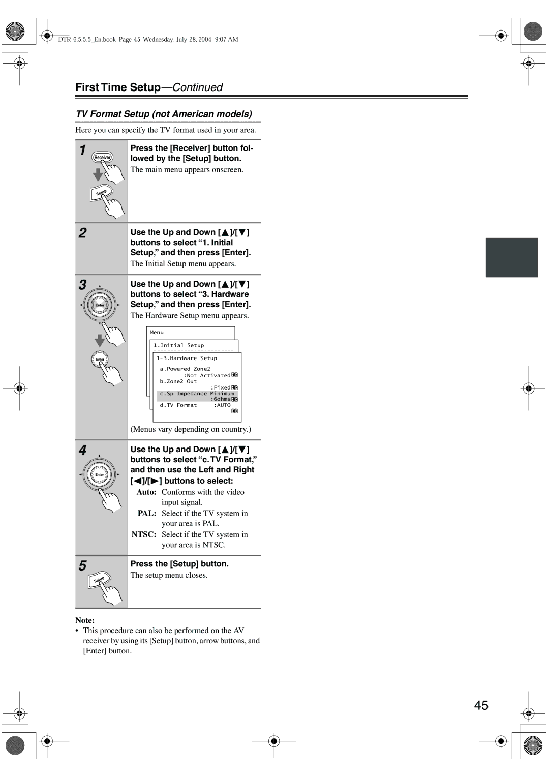 Integra DTR-5.5 TV Format Setup not American models, Here you can specify the TV format used in your area 